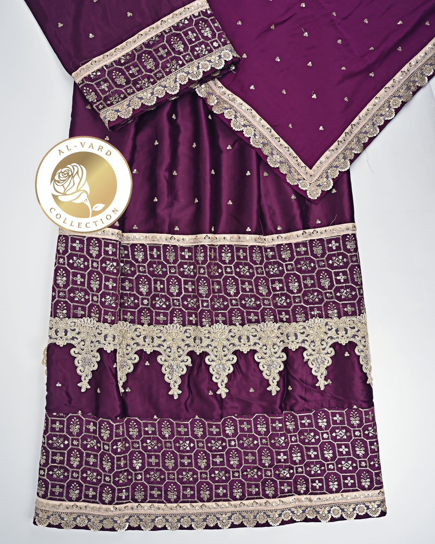 Dark Purple RCJ With Smart Heavy Lacing Golden Panel & Same Dupatta With Border