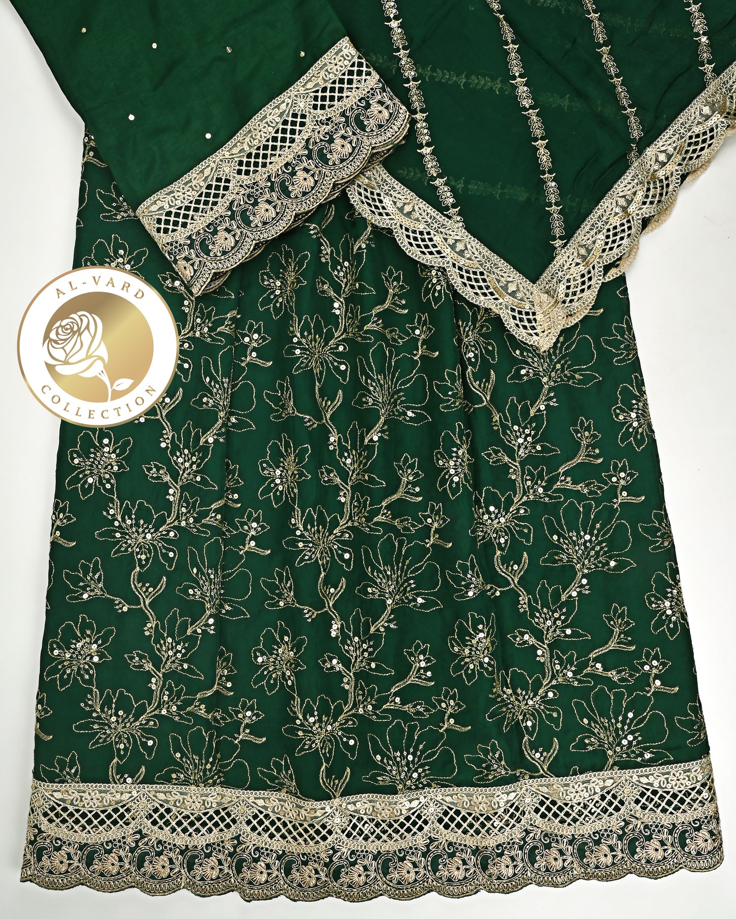 Dark Green RCJ With Full Embroidery Material & Golden Lace