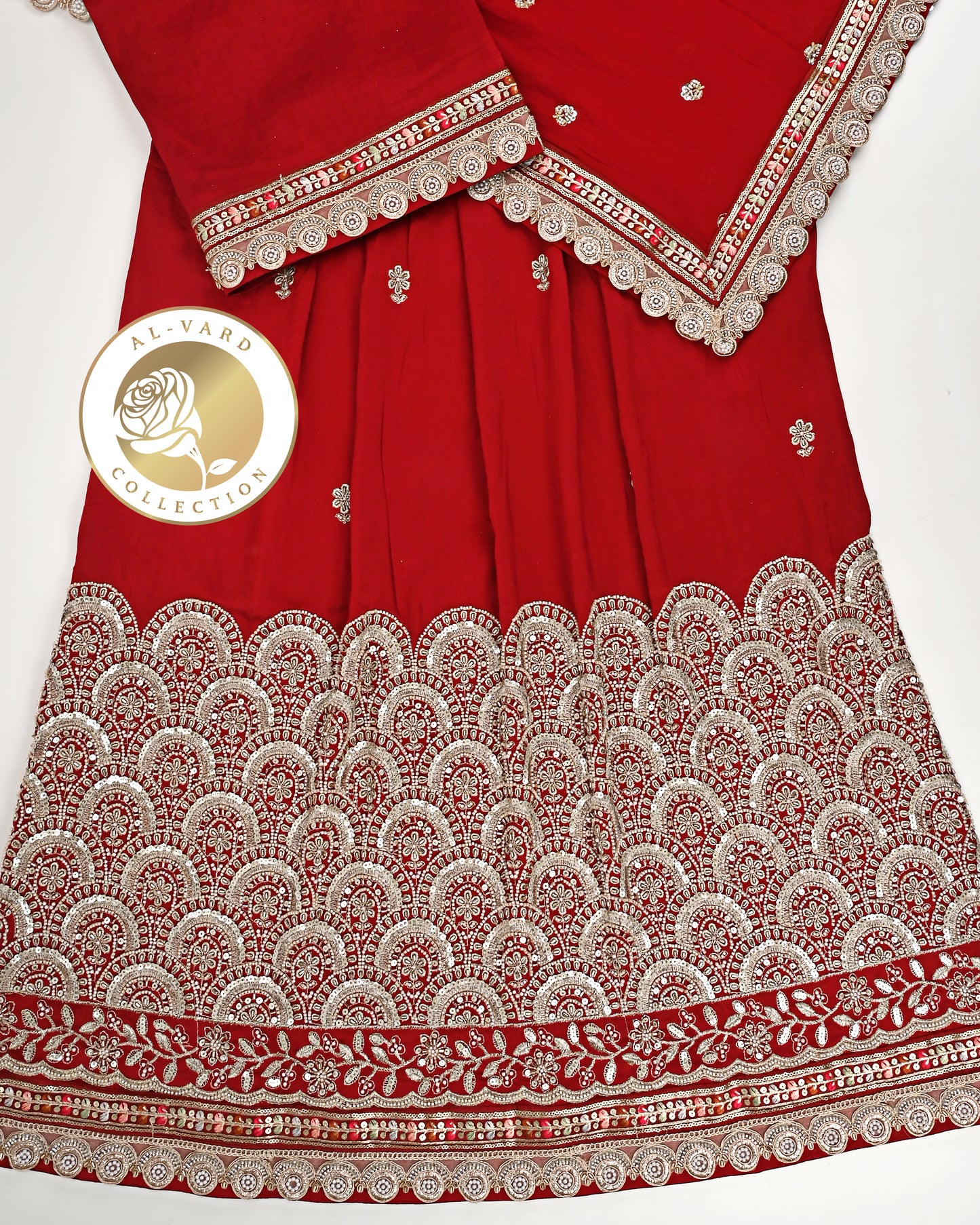 Red RCJ With Heavy Golden Work With Dupatta With Golden Lace