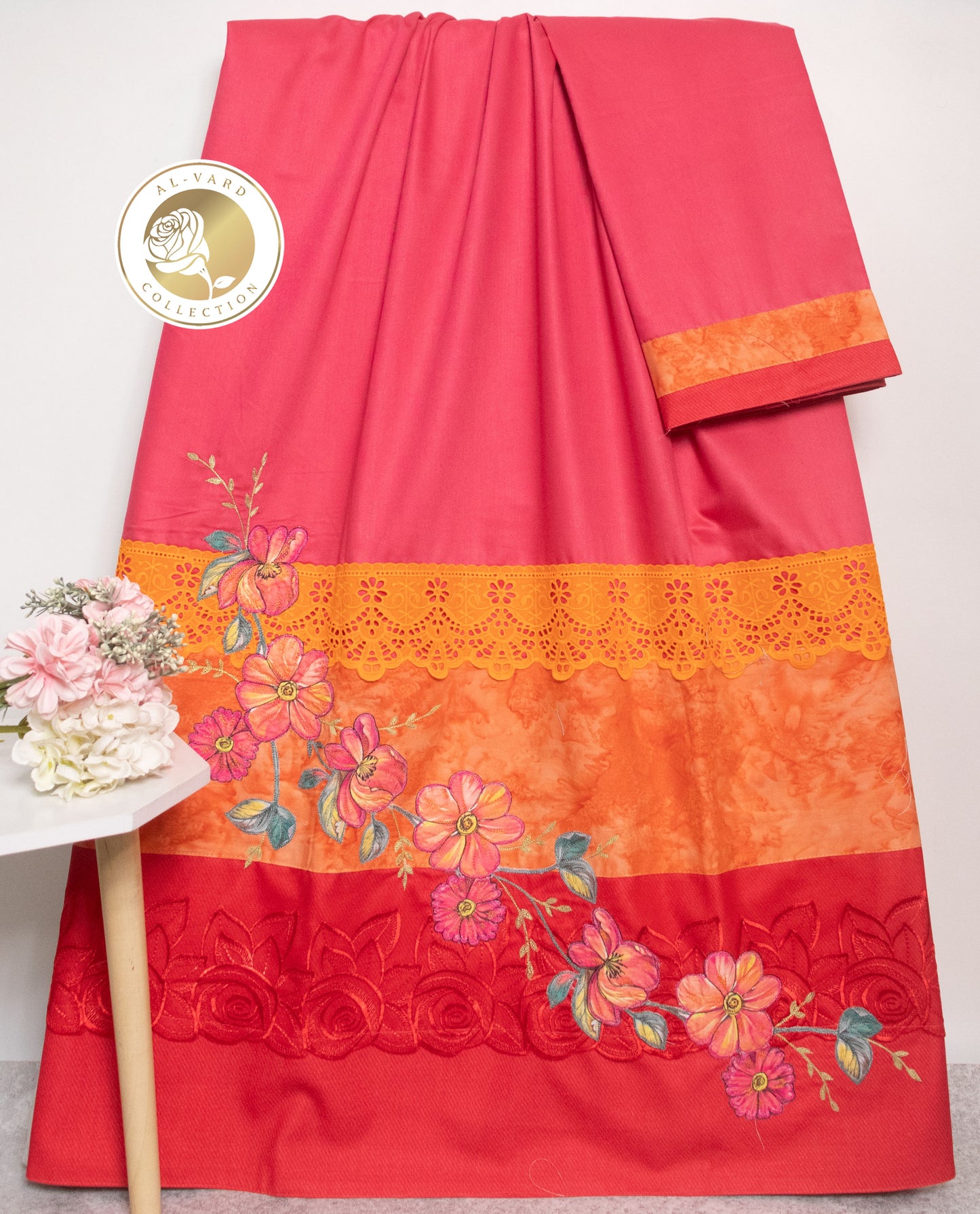 Rani Rida With Smart Red Orange Panel Lace & Floral Applique Work