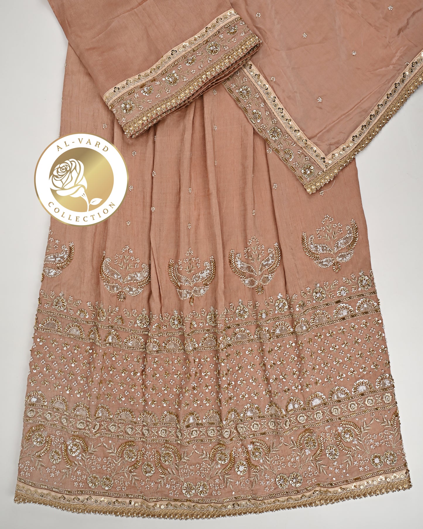 Rose Gold RCJ With Heavy Golden Aari Work & Plain Dupatta With Border