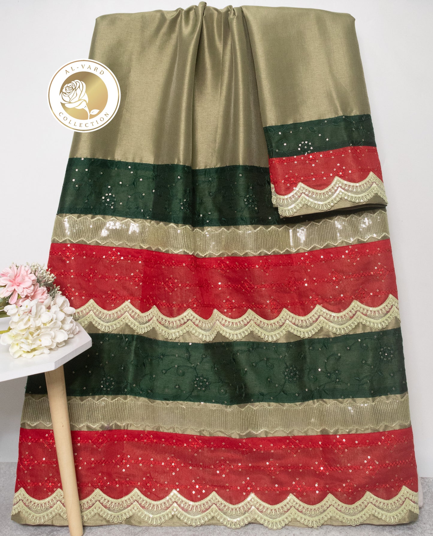 Dark Mehndi Rida With Smart Dark Hakoba Panel & Golden Sequence Lace