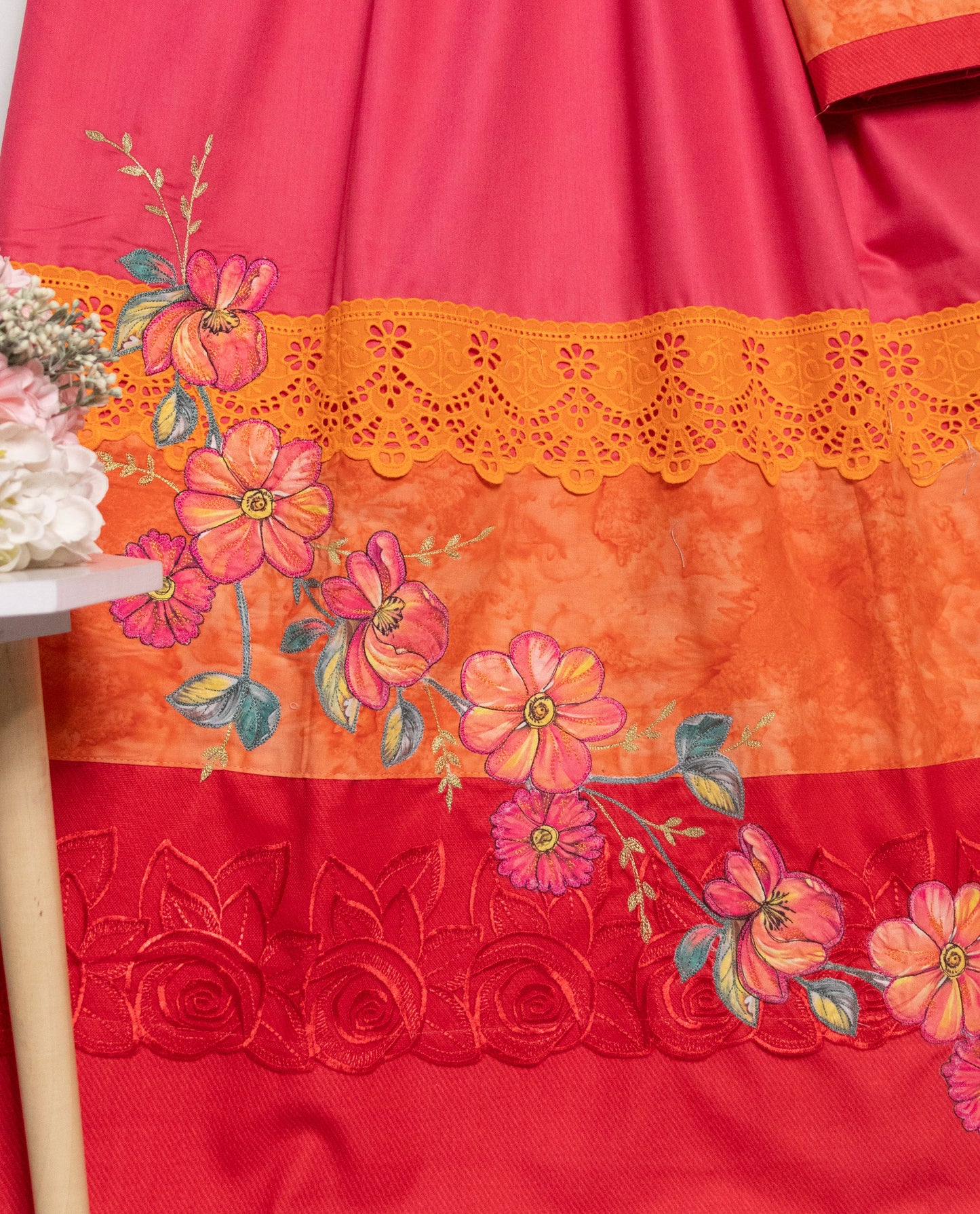 Rani Rida With Smart Red Orange Panel Lace & Floral Applique Work