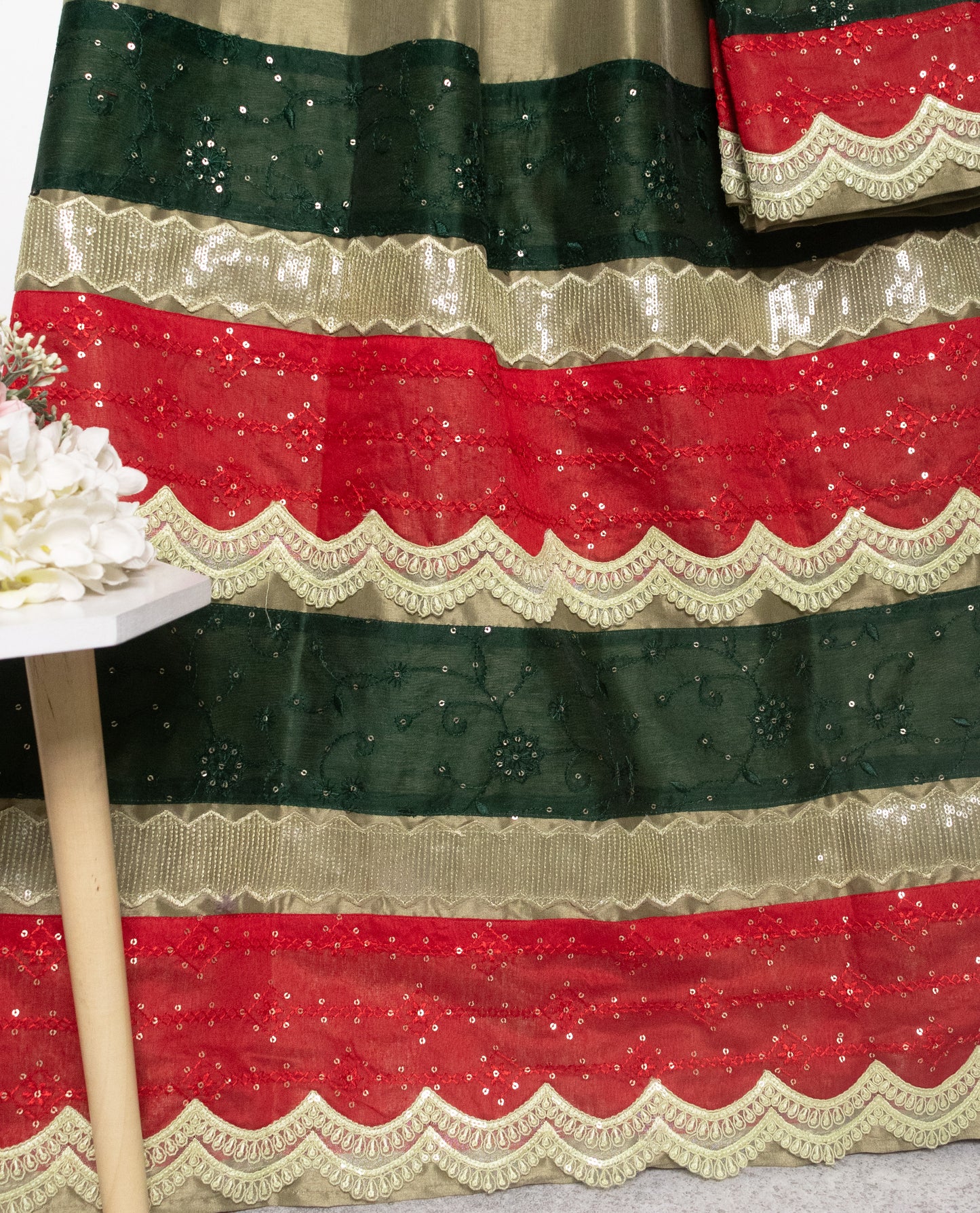 Dark Mehndi Rida With Smart Dark Hakoba Panel & Golden Sequence Lace