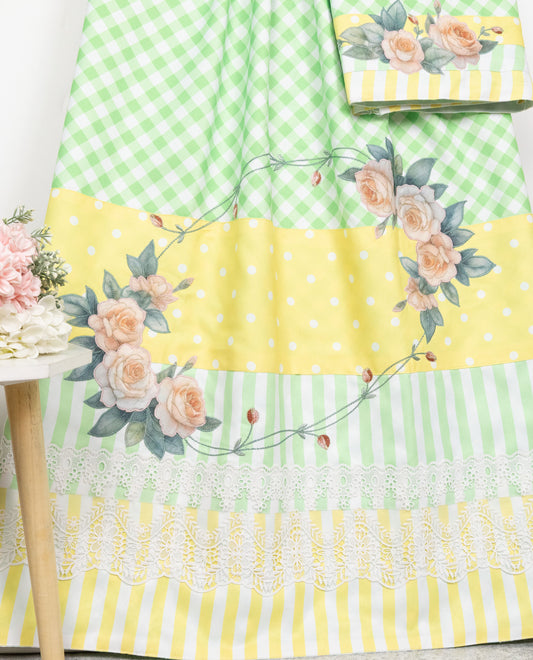 Light Green & White Checks Rida Wih Smart Panel Lace & Floral Applique With Embroi.