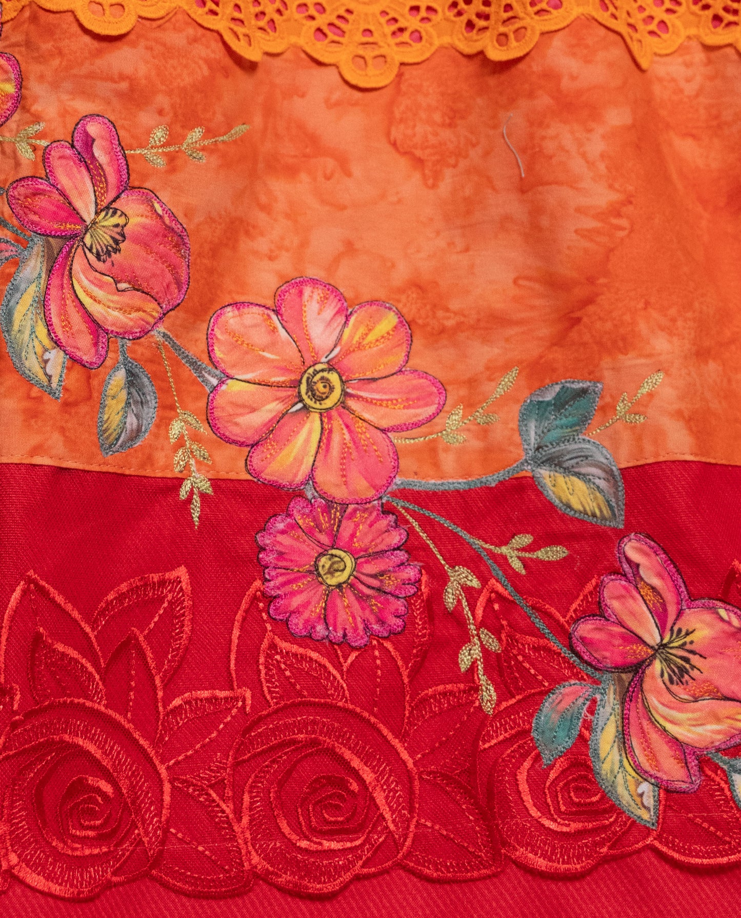 Rani Rida With Smart Red Orange Panel Lace & Floral Applique Work