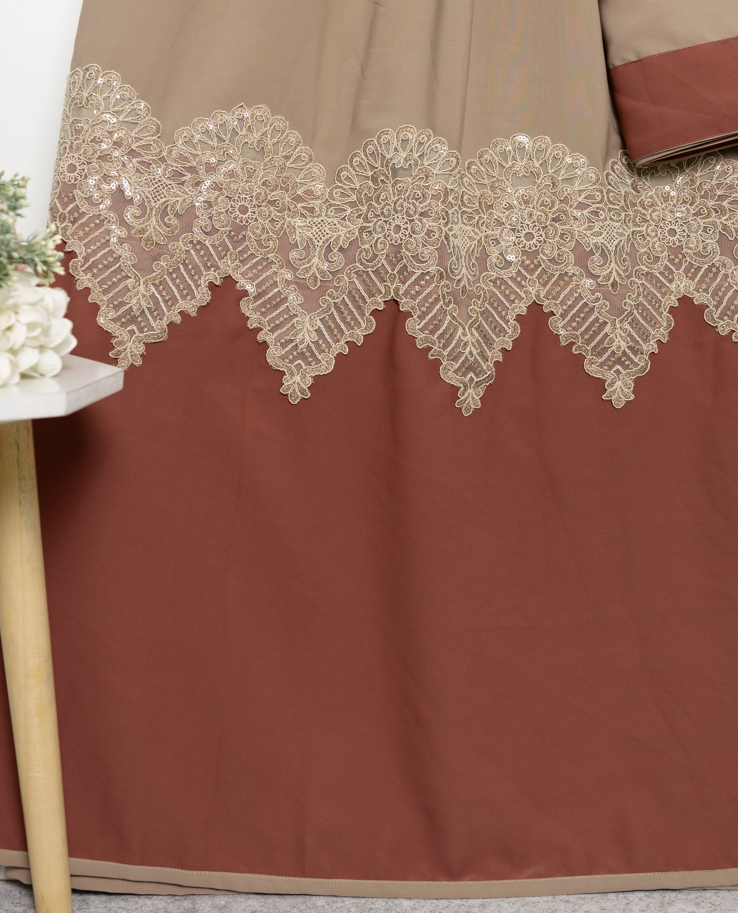 Classic Clay Brown Abaya Rida With Rust Abaya Panel & Smart Imp Lace