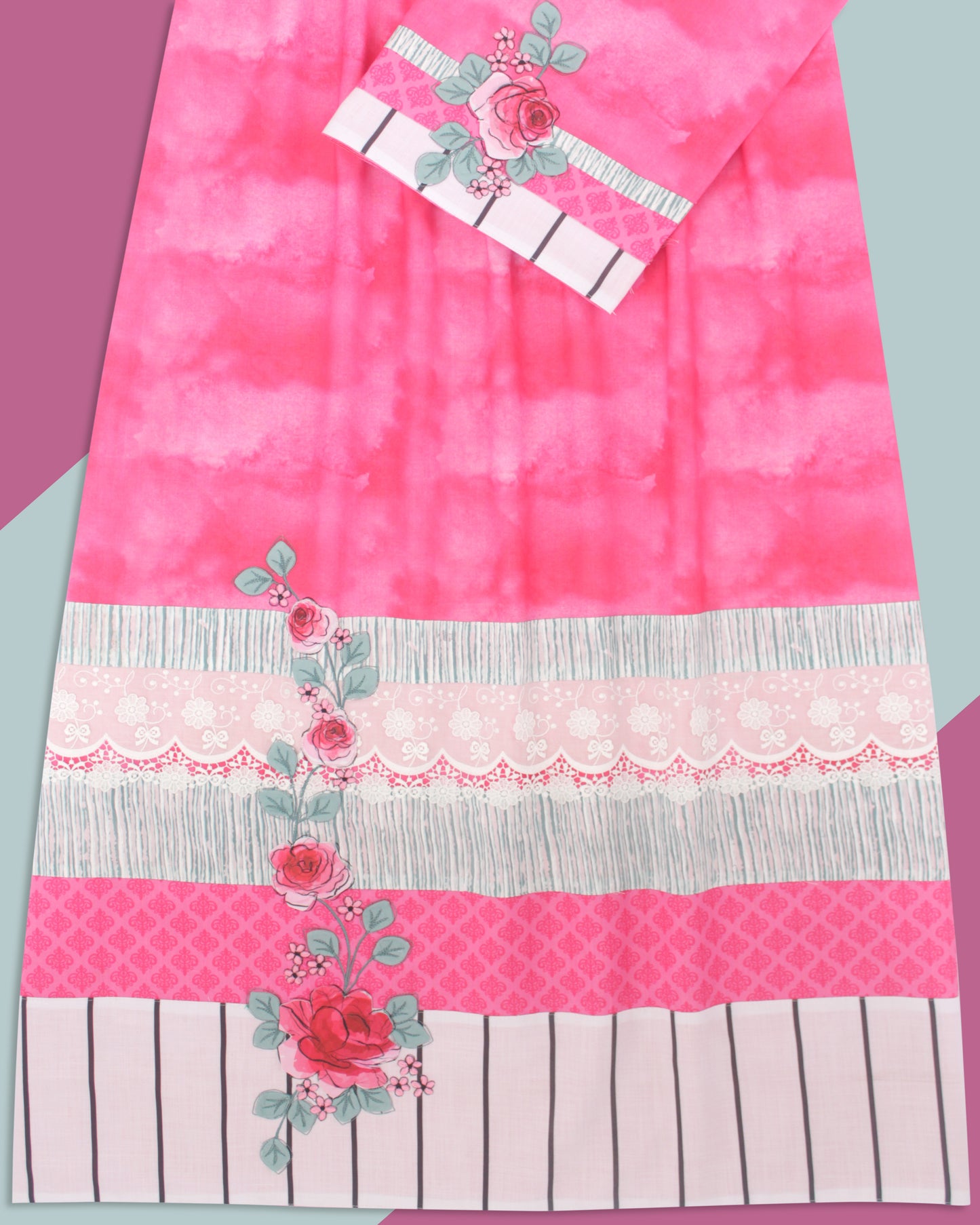 Rani Pink Marble Rida With Smart Lace & Rose Applique Work