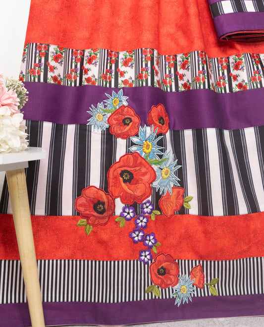 Red Leafy Print Rida With Smart B&W Stripes Panel & Floral Work