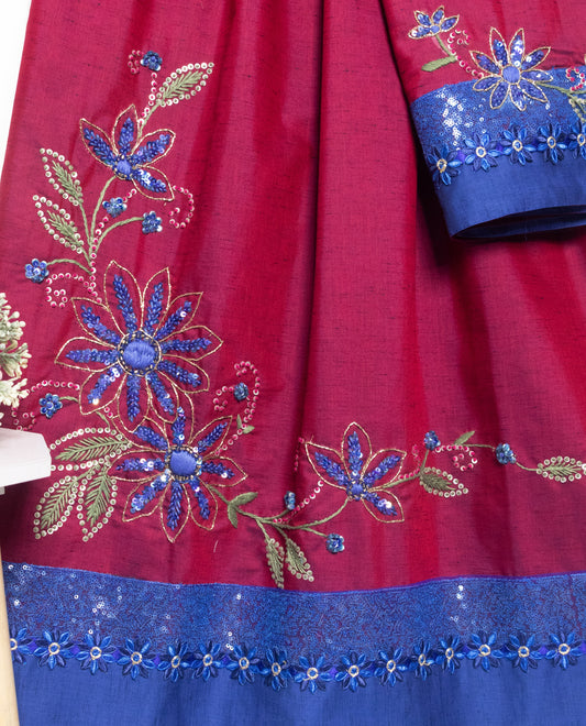 Hot Pink Rida With Ink Blue Panel Lace & Beautiful Floral Work