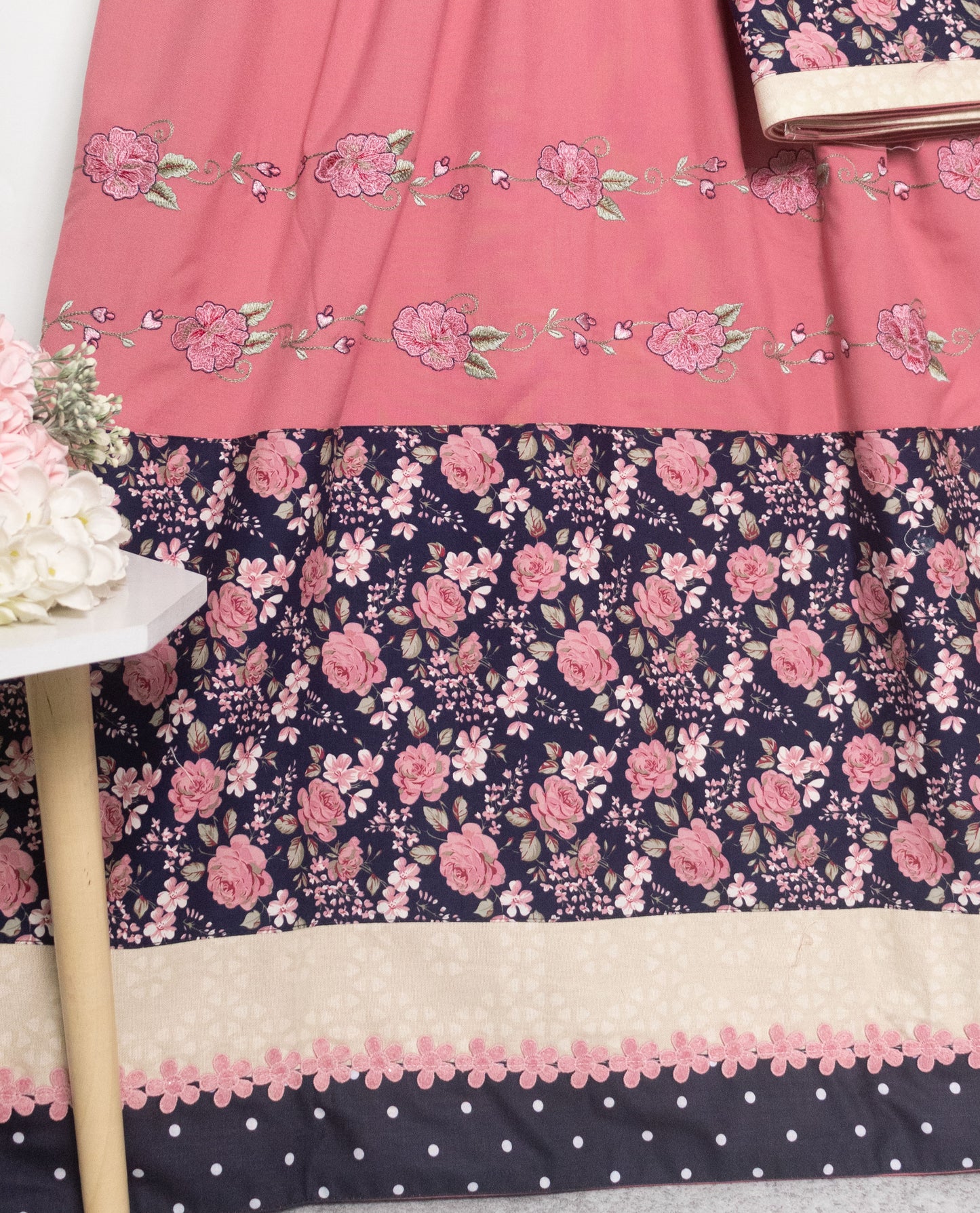 Tomato Red Rida With Floral Panel & Smart Floral Embroidery Work