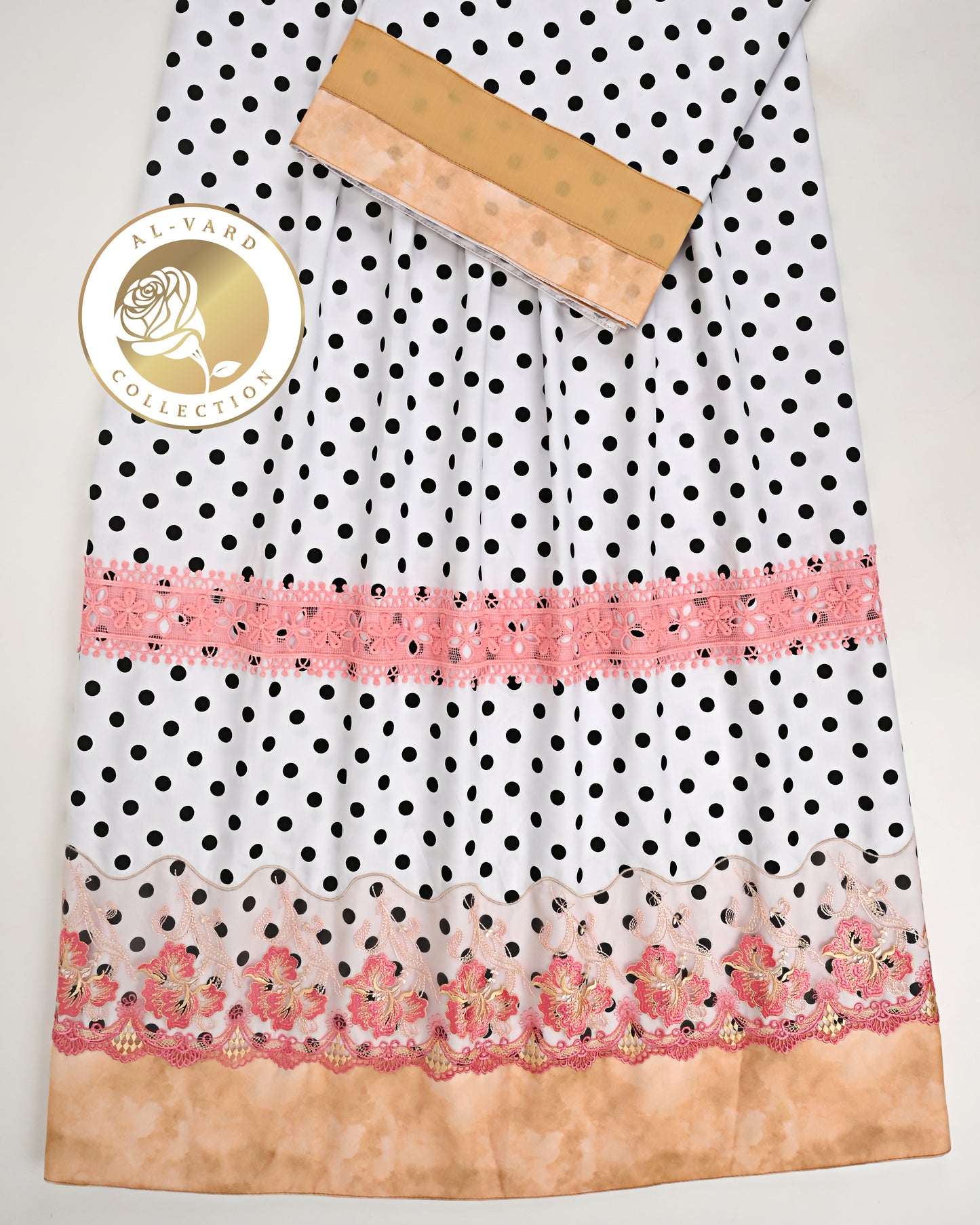 White Base Black Dots With Smart Floral Lace & Plain Panel