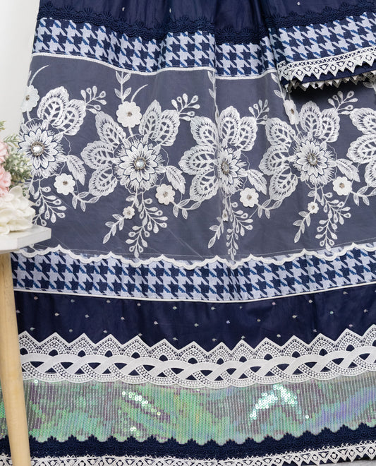 Navy Blue Rida With Smart Sequence Floral Lace & Smart Dark Panel All Over Tikri