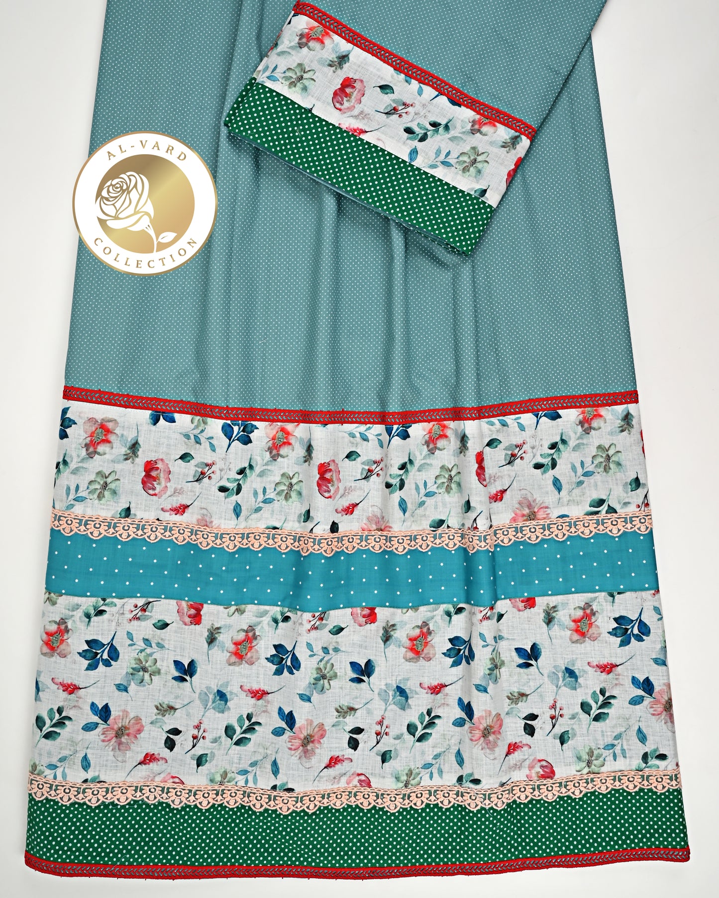 Teal White Dots Rida With Smart Floral Panel & Lace
