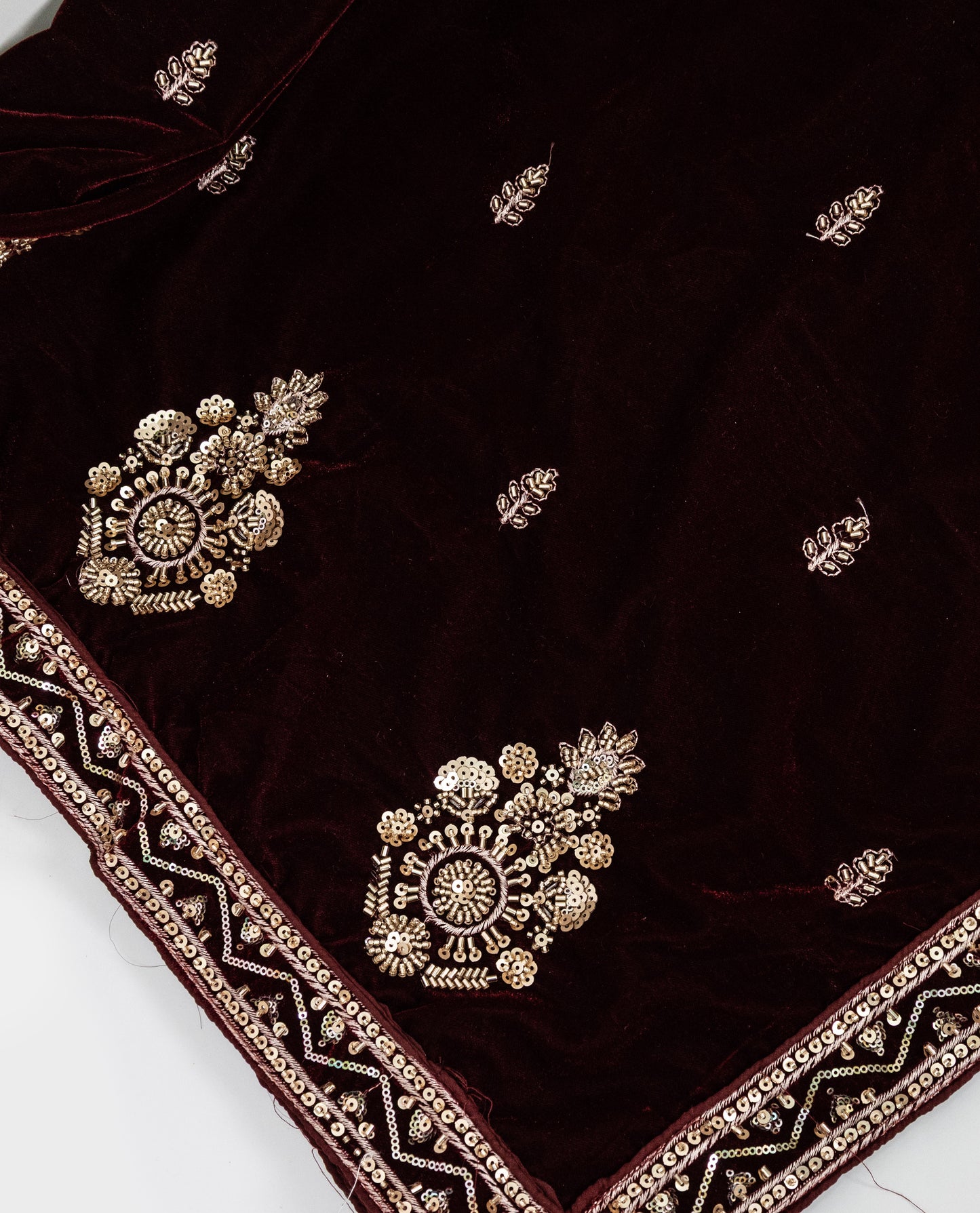 Dark Maroon Velvet Bridal Jodi With Golden Heavy Floral Aari Work With Dupatta & Shawl