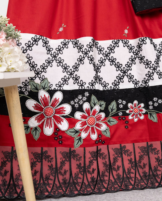 Blood Red Rida With Smart Floral Panel Lace & Floral Work