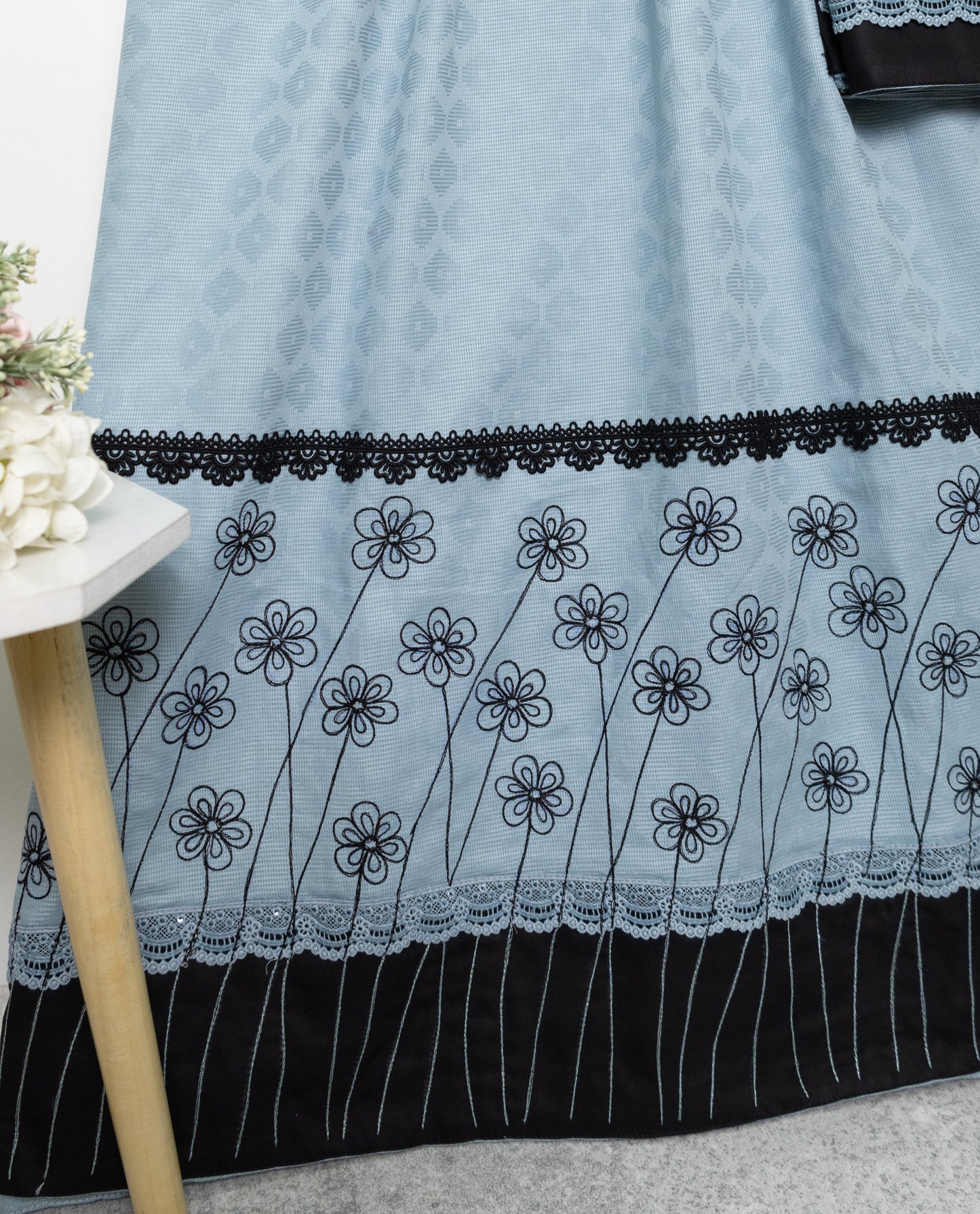 Light Blue Self Design Rida With Black Panel Lace & Floral Embroidery