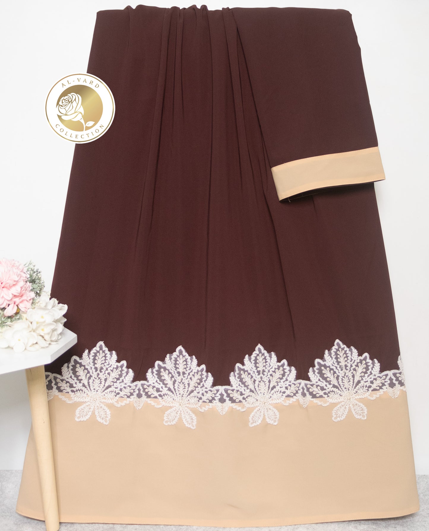 Dark Brown Abaya Rida With Smart Beige Abaya Panel & Lace