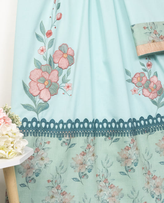 Light Blue Rida With Smart Floral Panel,Lace & Floral Work