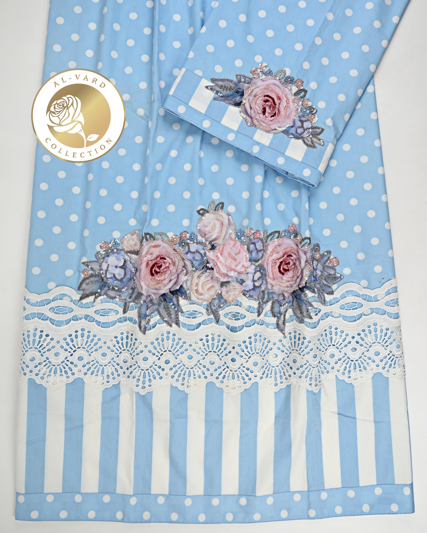 Light Blue Polka Dots Rida With Smart Lace Panel & Applique Bunch With Aari