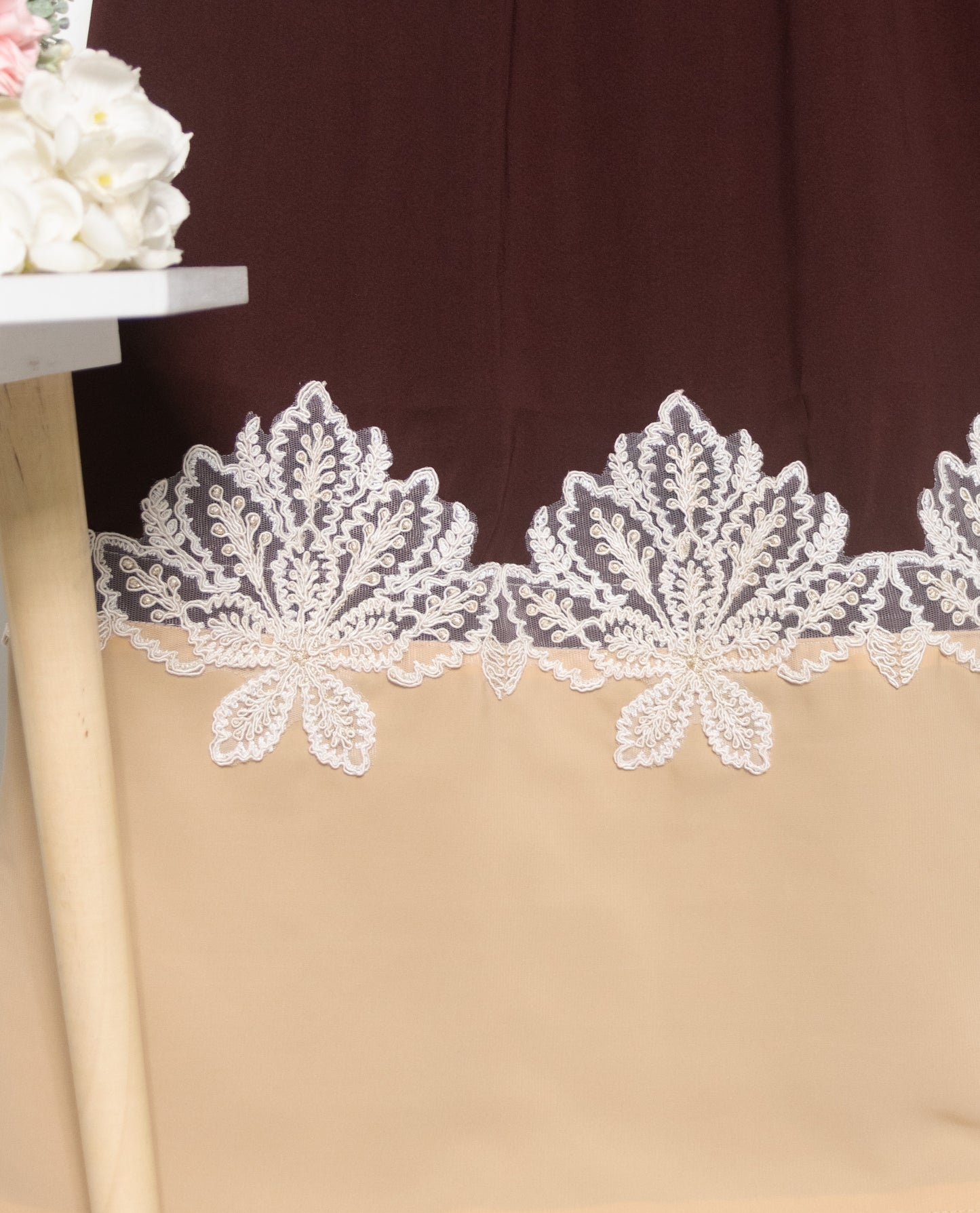 Dark Brown Abaya Rida With Smart Beige Abaya Panel & Lace