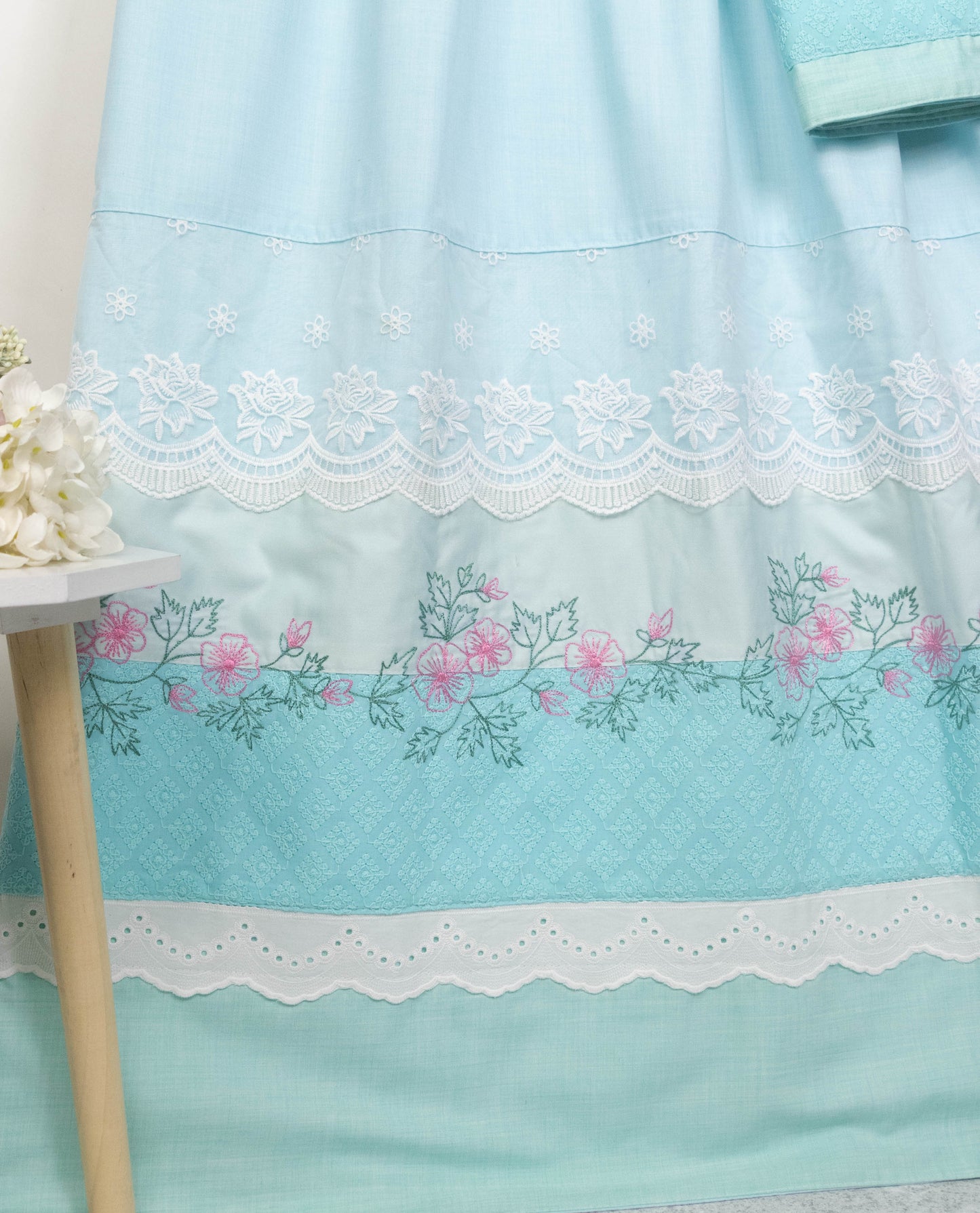 Light Blue Rida With Smart Panel Lace & Floral Embroidery