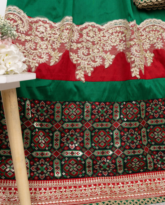 Dark Green Silky Rida With Golden Shining Lace & Dark Smart Panel