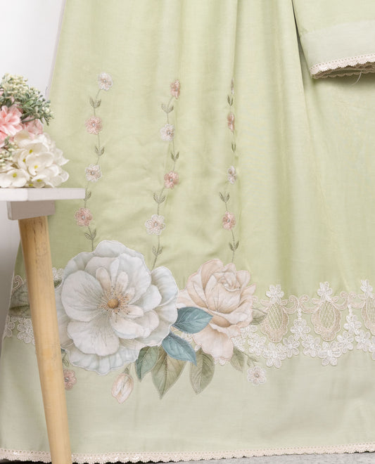 Sage Green Rida With Smart Floral Lace Smart Floral Applique & Embroidery