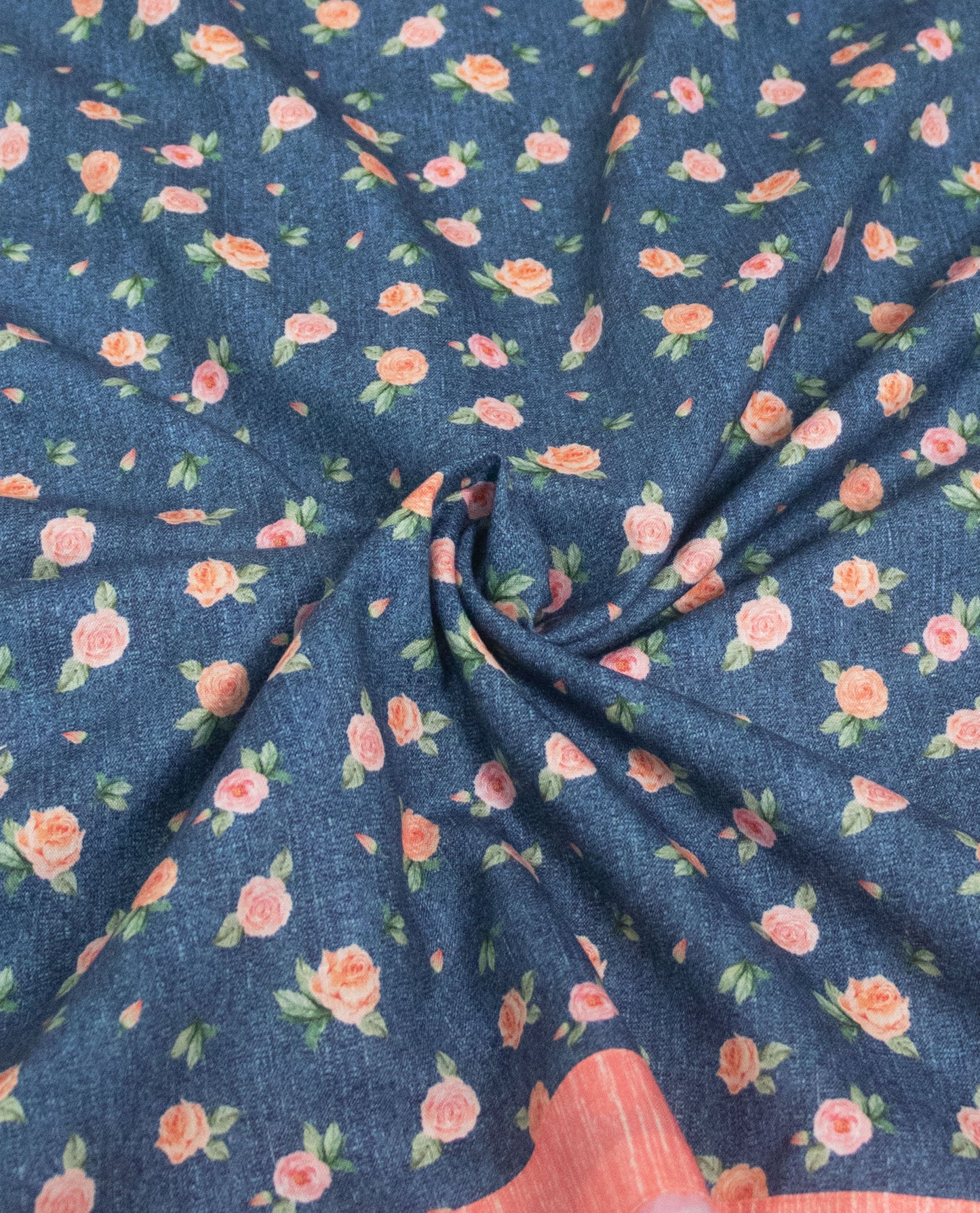 Navy Blue Floral Print Rida With Smart Lace Panel & Floral Work