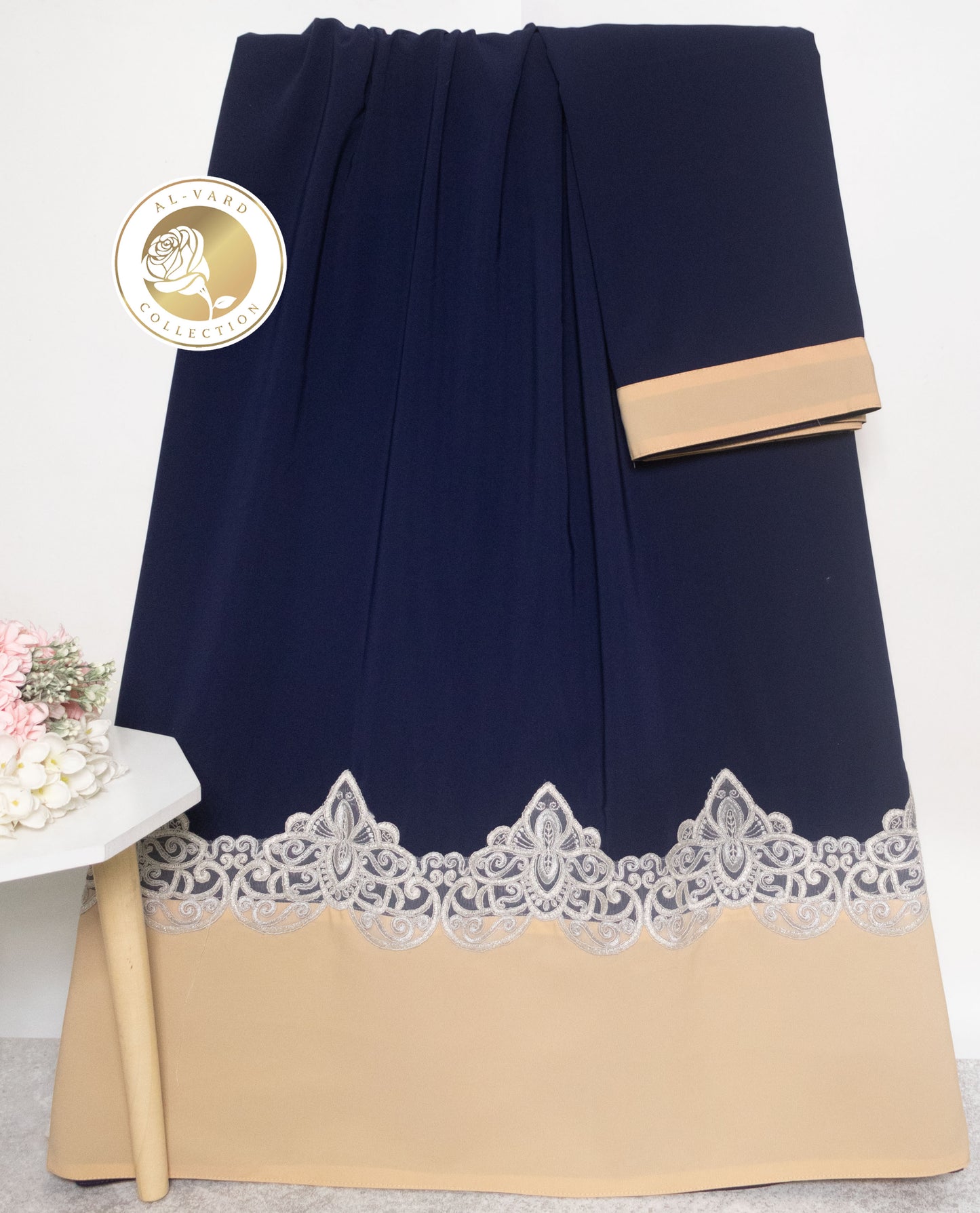 Navy Blue Abaya Rida With Smart Cream Abaya Panel & Lace