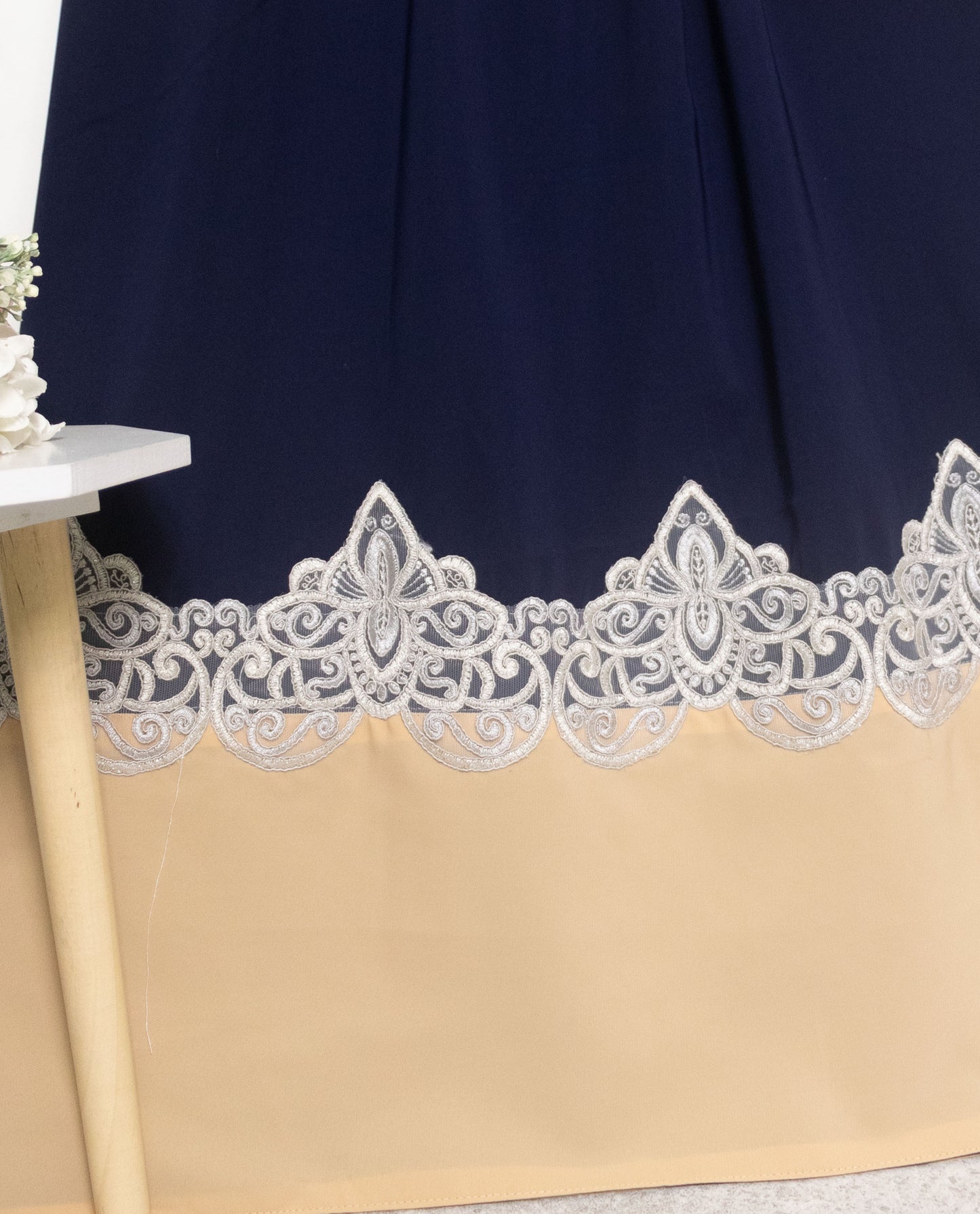 Navy Blue Abaya Rida With Smart Cream Abaya Panel & Lace