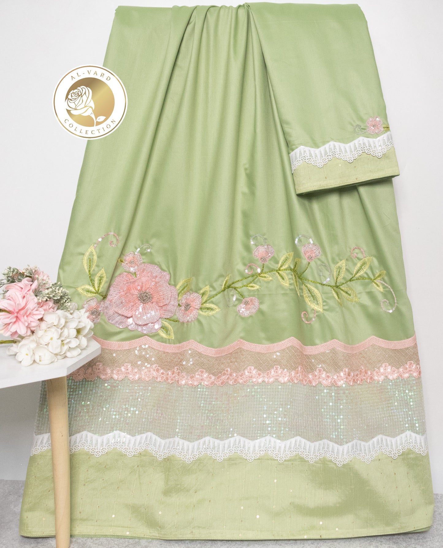 Light Green Silky Rida With Smart Sequence Lace & Floral Aari Work