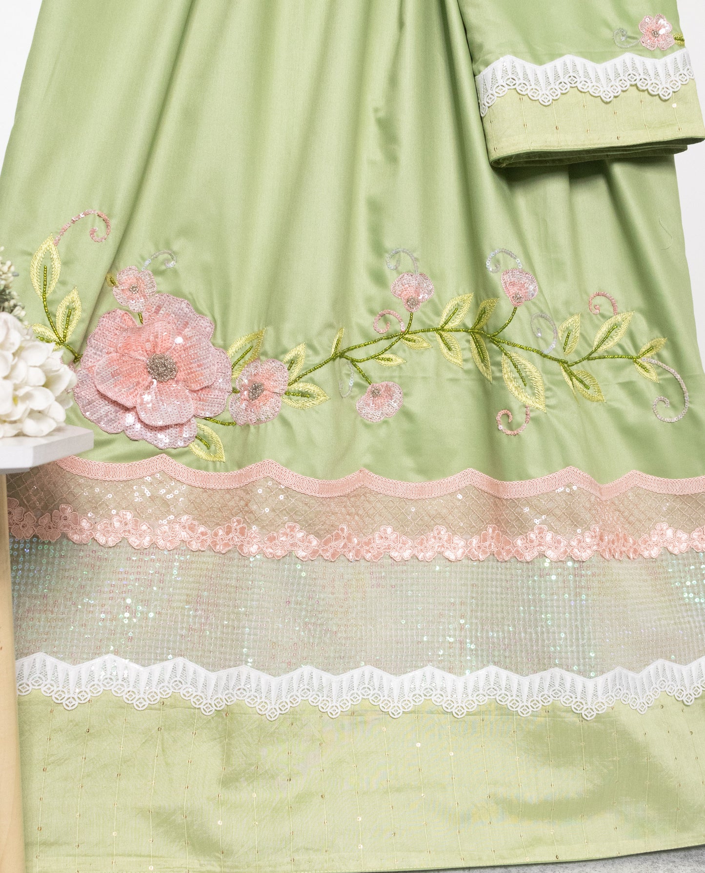 Light Green Silky Rida With Smart Sequence Lace & Floral Aari Work