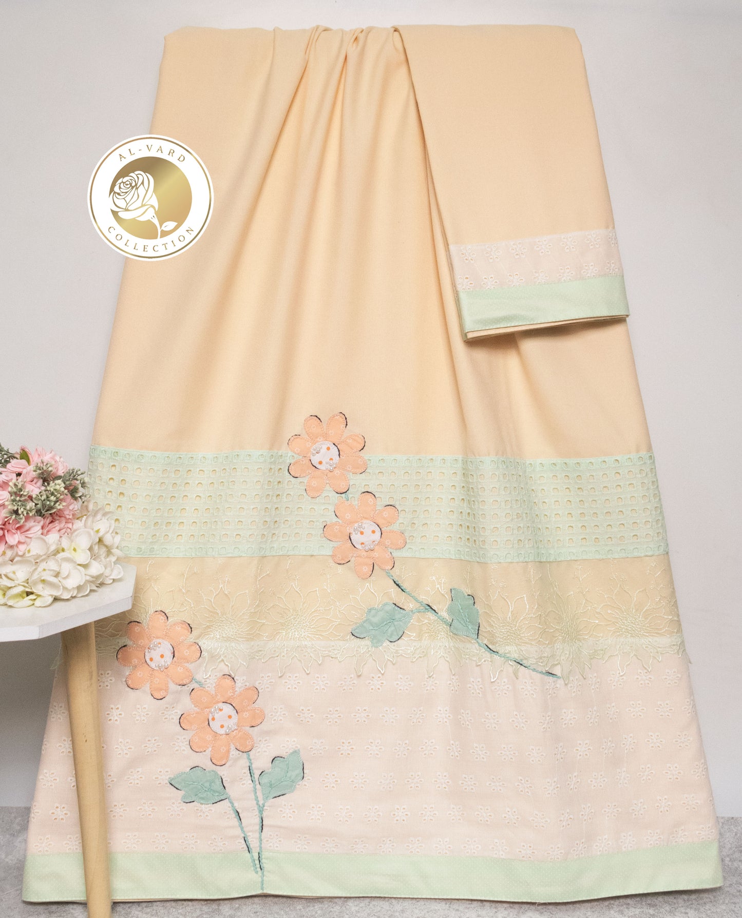 Mango Yellow Rida With Smart Floral Work & Hakoba Panel
