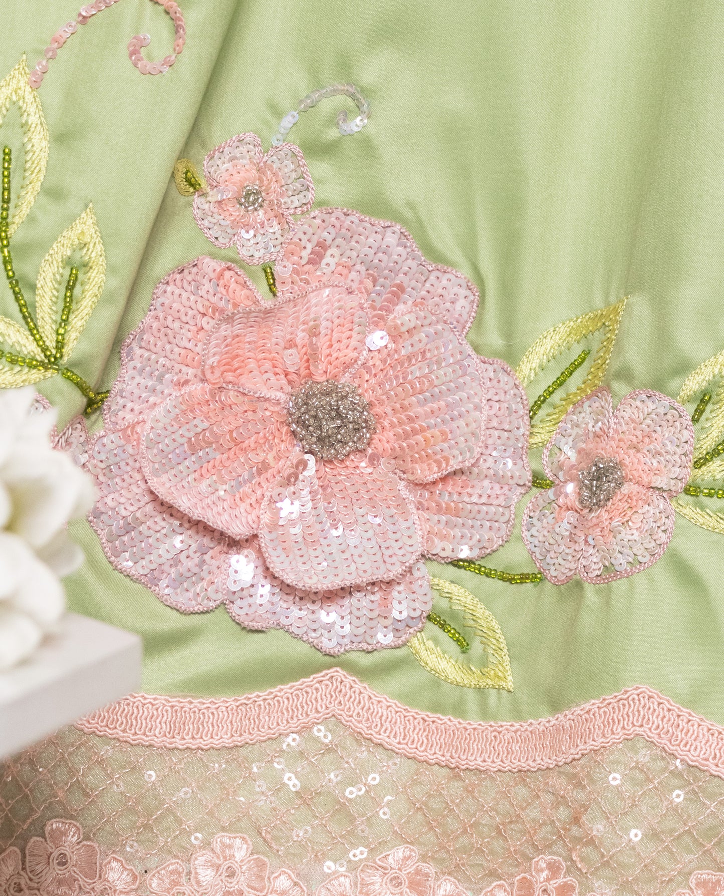 Light Green Silky Rida With Smart Sequence Lace & Floral Aari Work