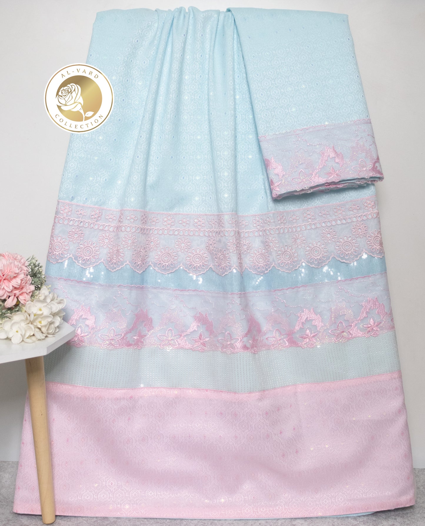 Light Blue Self Print Rida With Smart Panel & Sequence Lace