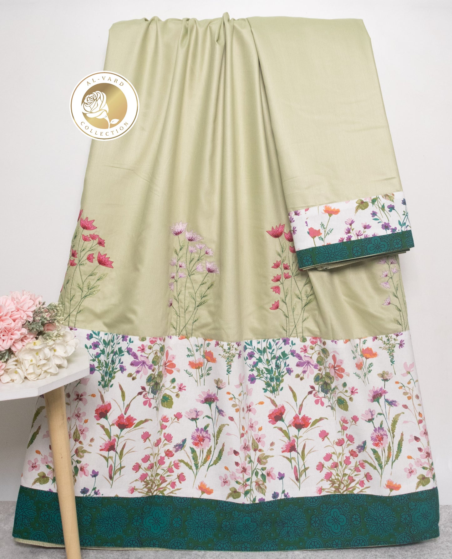 Sage Green Rida With Floral Panel & Floral Embroidery