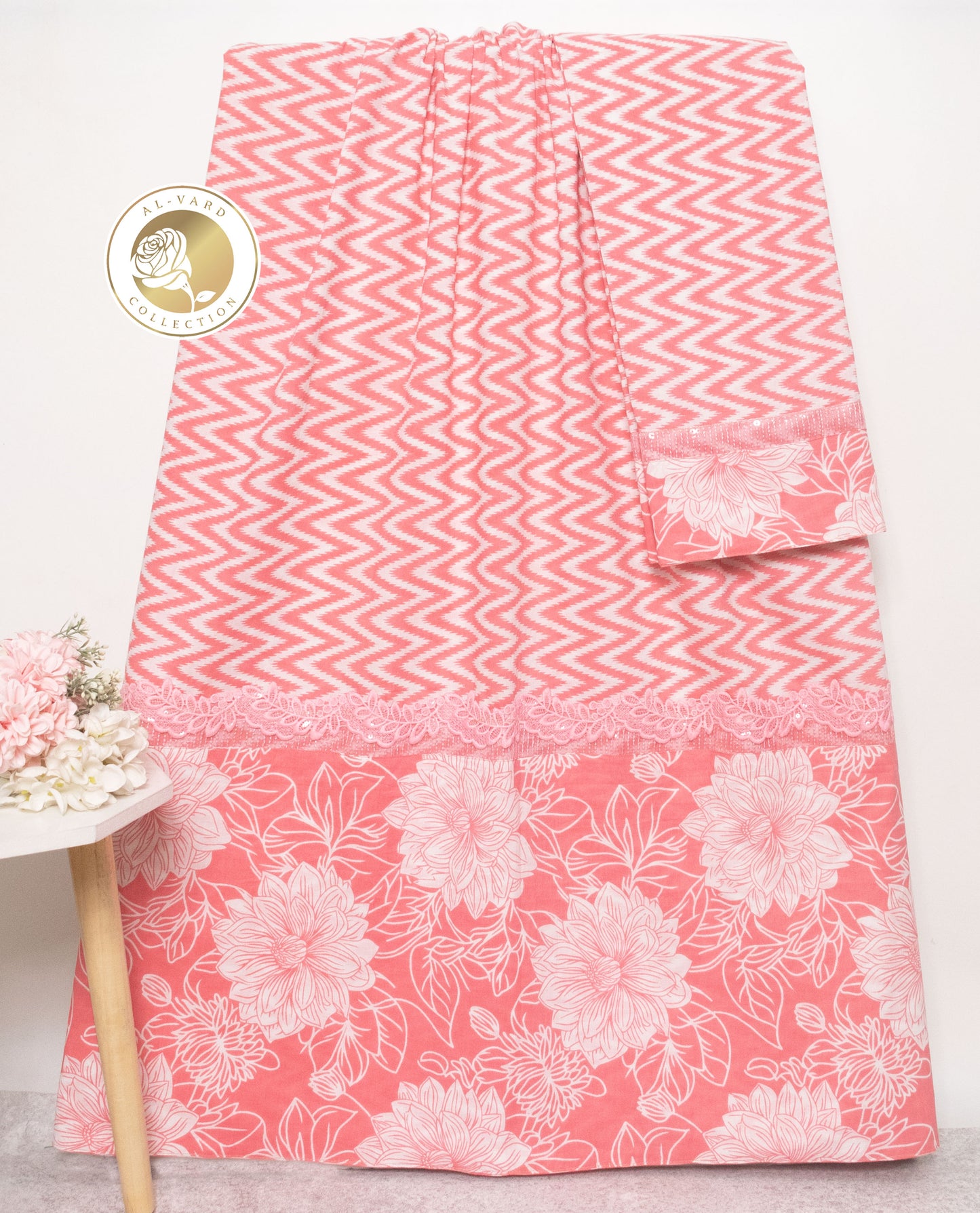 Salmon Zigzag Batik Rida With Smart Lace & Floral Batik Panel