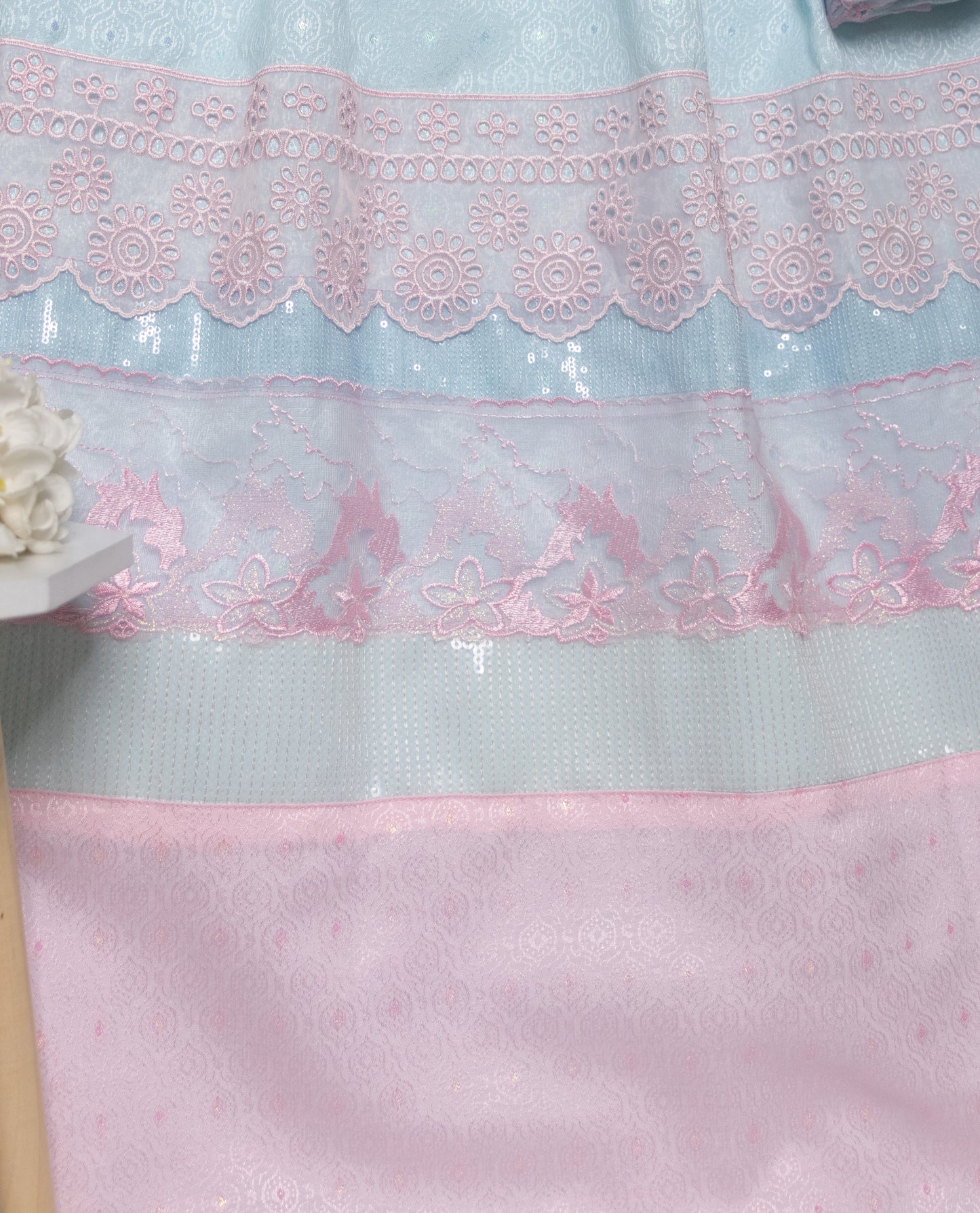 Light Blue Self Print Rida With Smart Panel & Sequence Lace