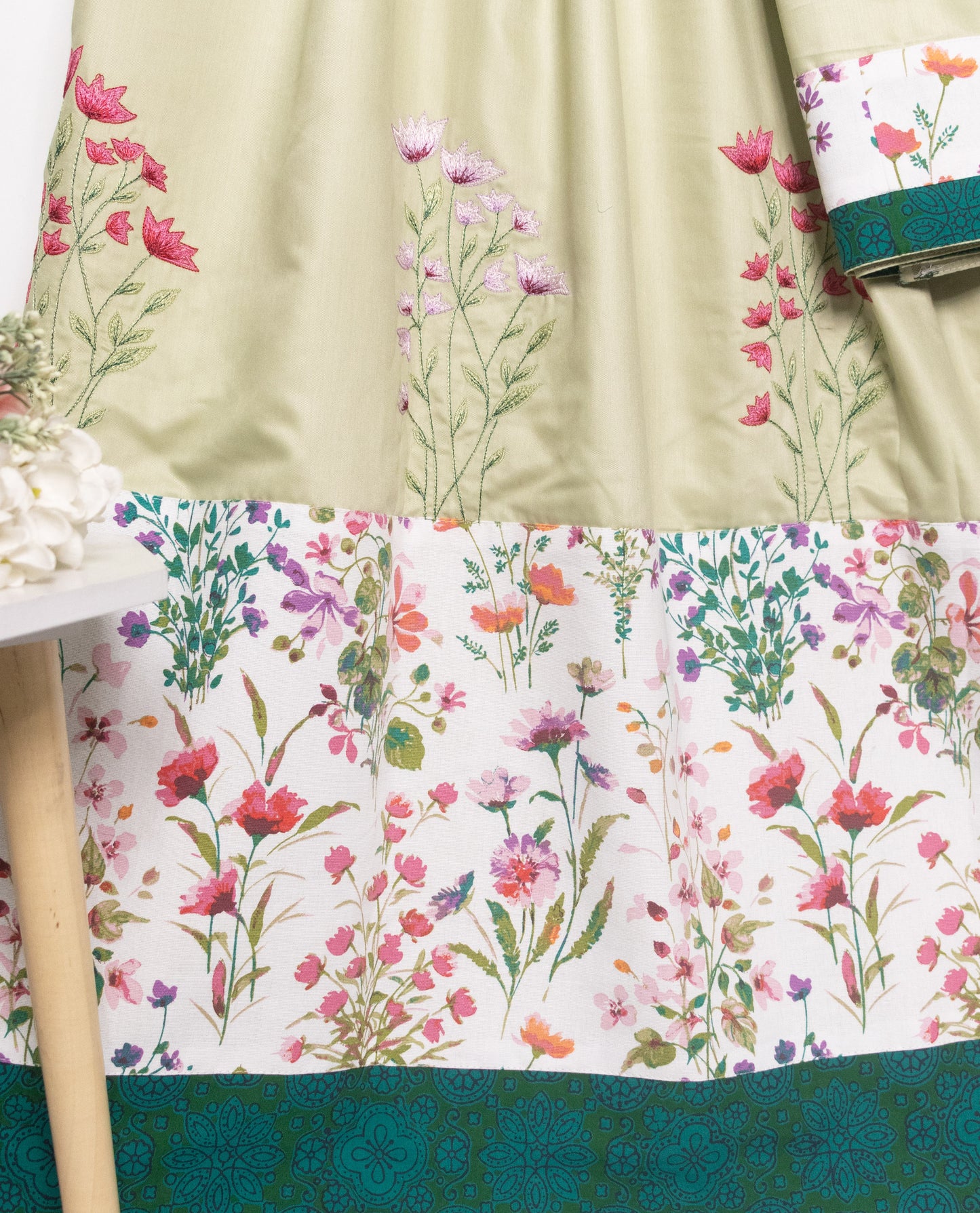 Sage Green Rida With Floral Panel & Floral Embroidery