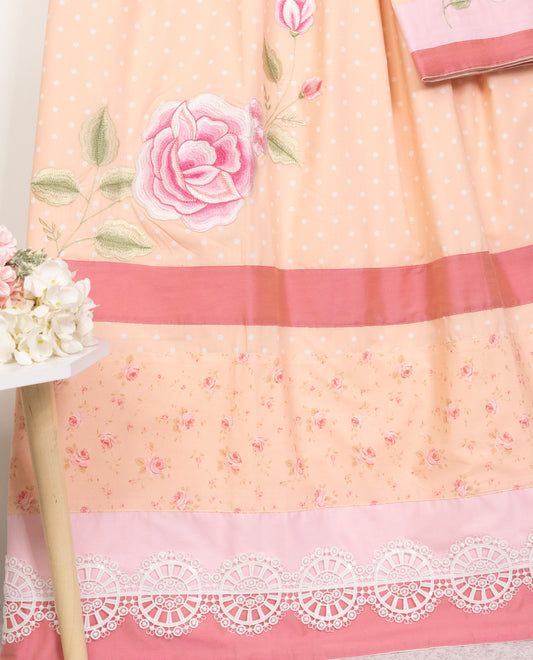 Peach Dots Rida With Rose Printed Panel Lace & Smart Floral Work