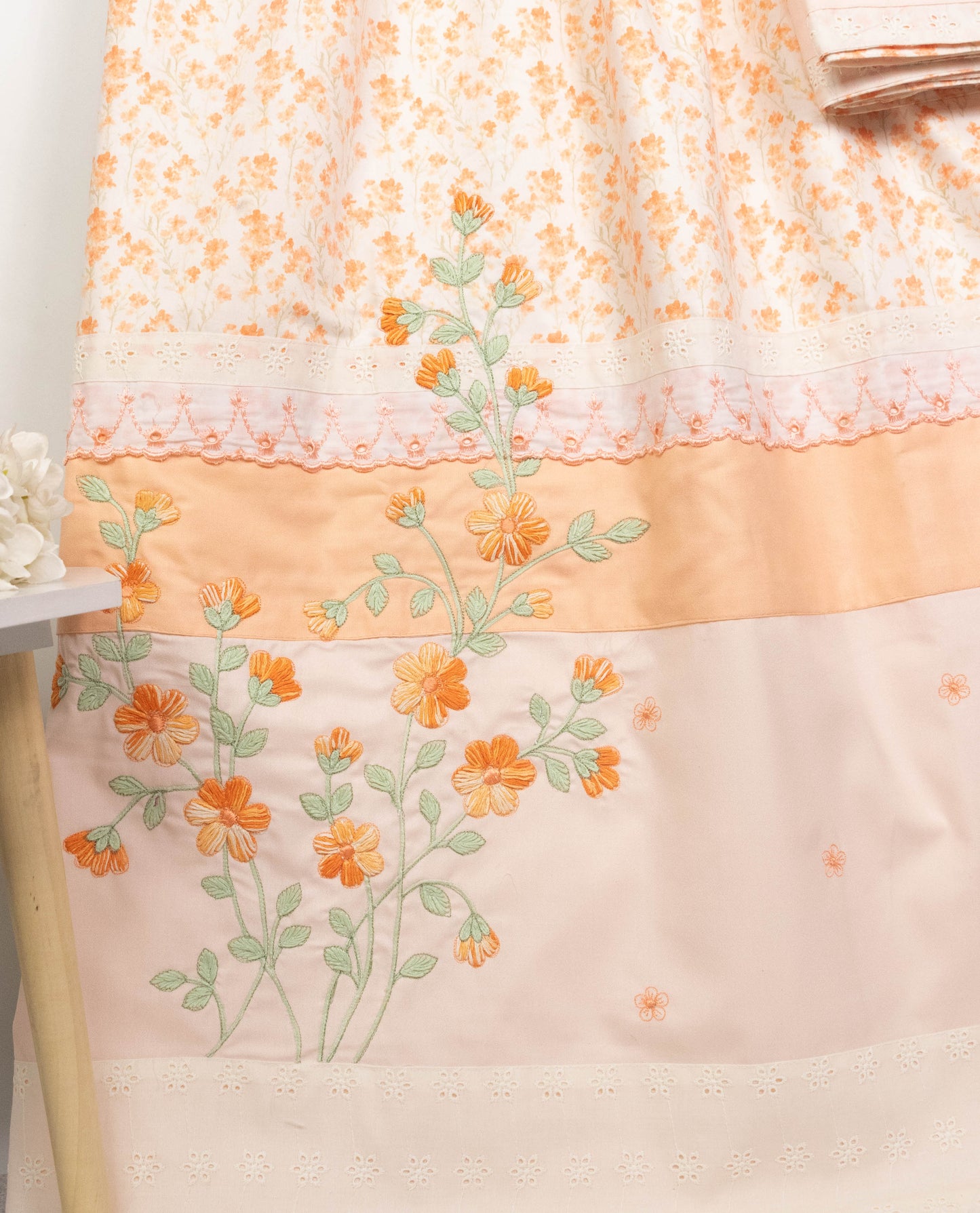 Orange Floral Print Rida With Smart Panel & Floral Embroidery Work