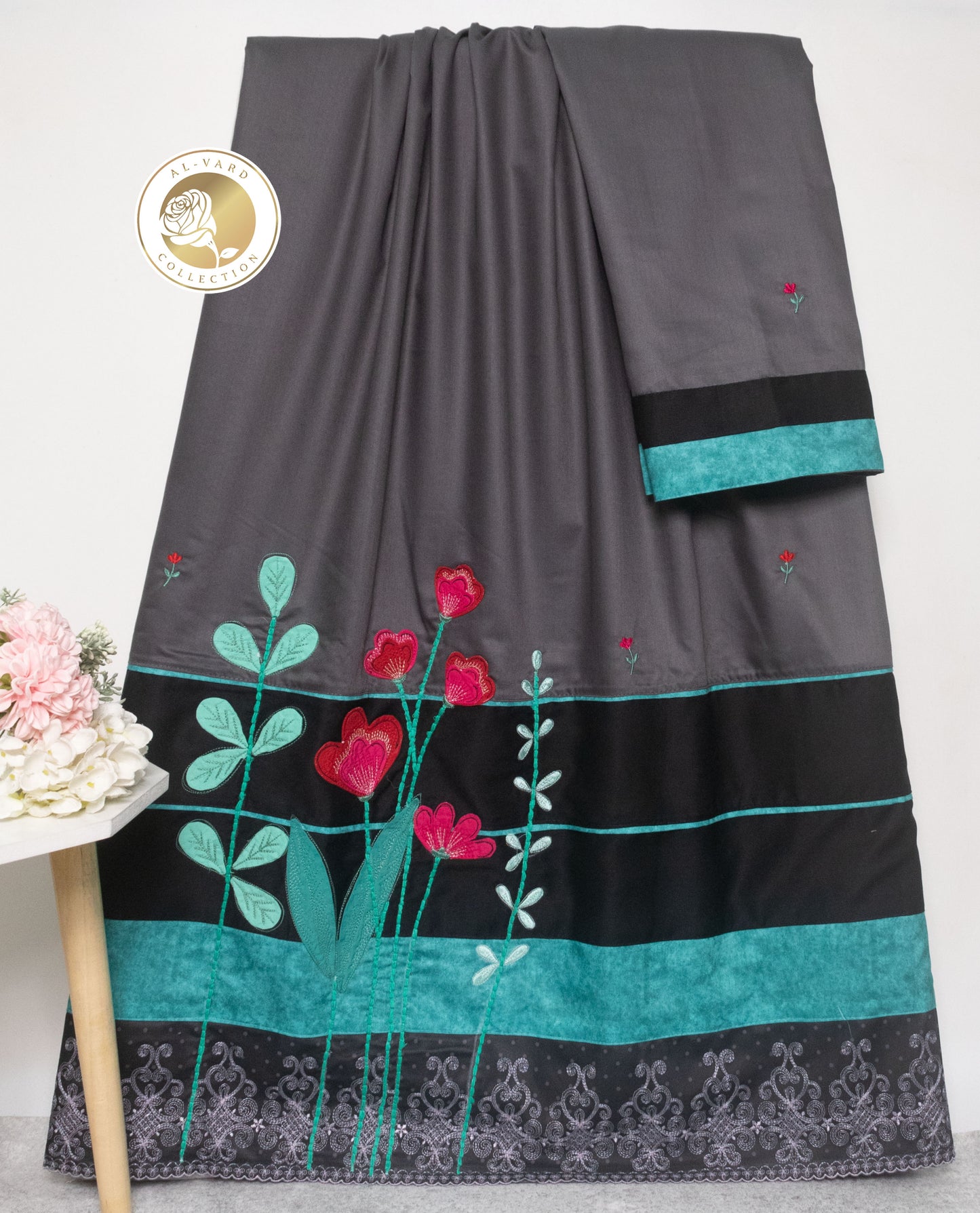 Dark Grey Rida With Smart Panel Pintex & Floral Work Floral Lace