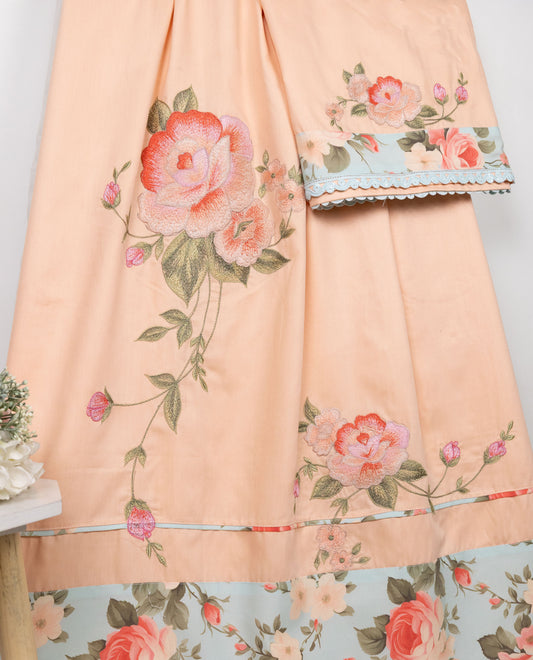 Peach Rida With Smart Floral Panel Pipin & Same Floral Embroidery Work