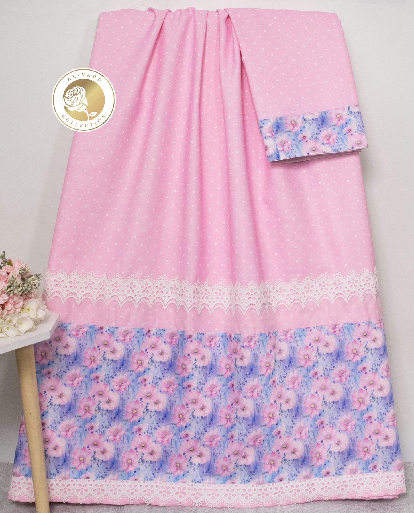 Baby Pink Dots Rida With Smart Floral Panel & Lace