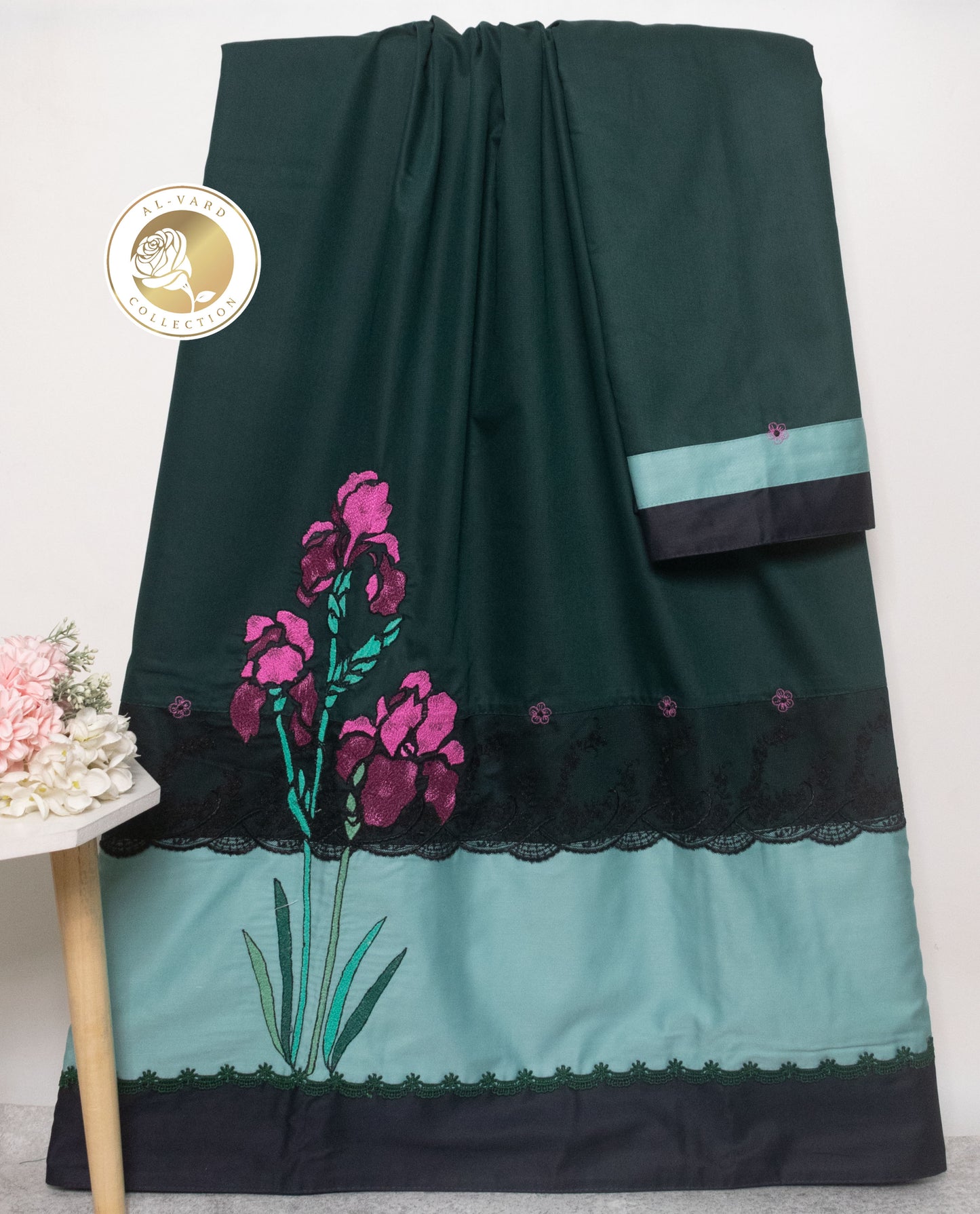 Dark Bottle Green Rida With Smart Green Shade Panel & Floral Purple Work