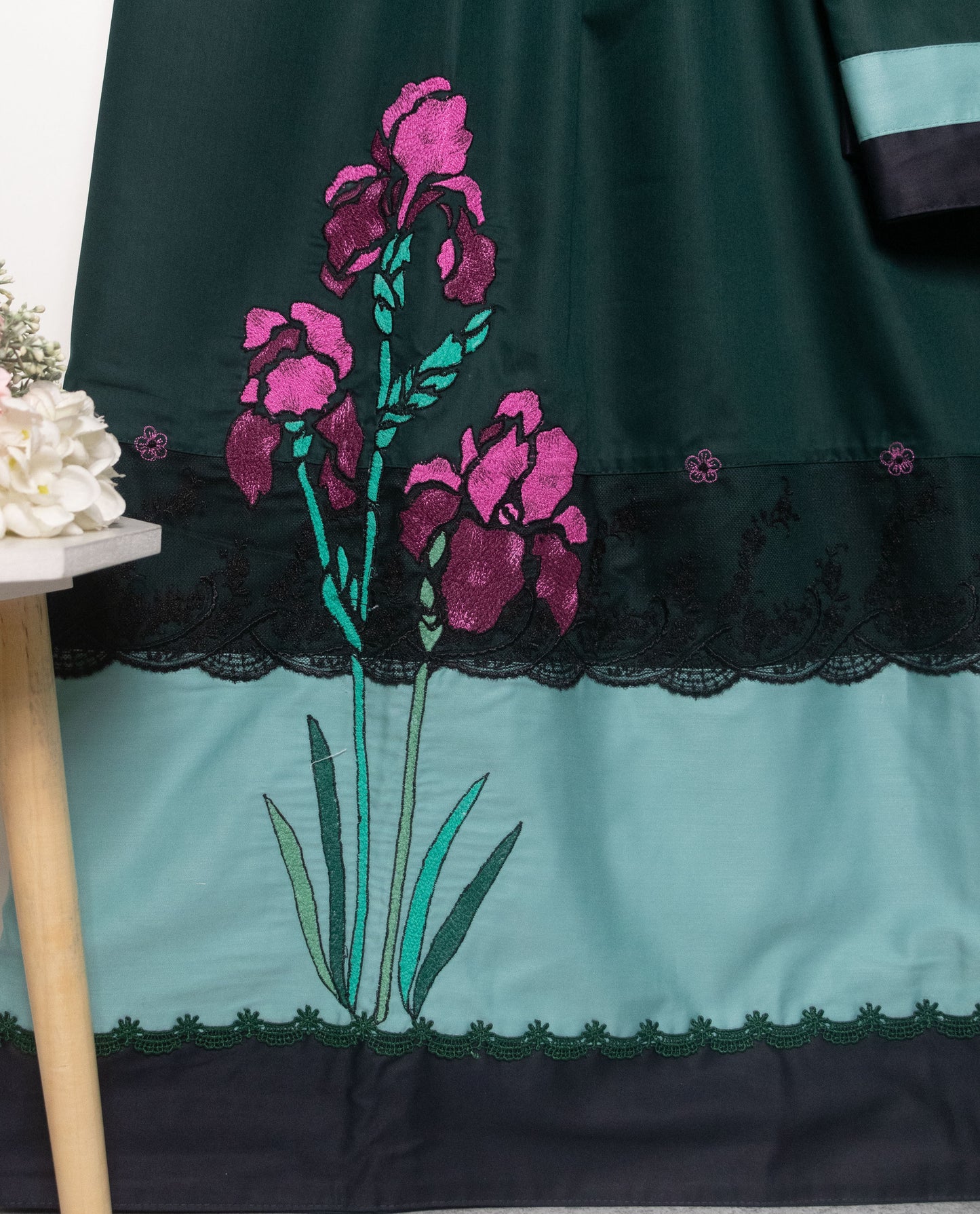 Dark Bottle Green Rida With Smart Green Shade Panel & Floral Purple Work
