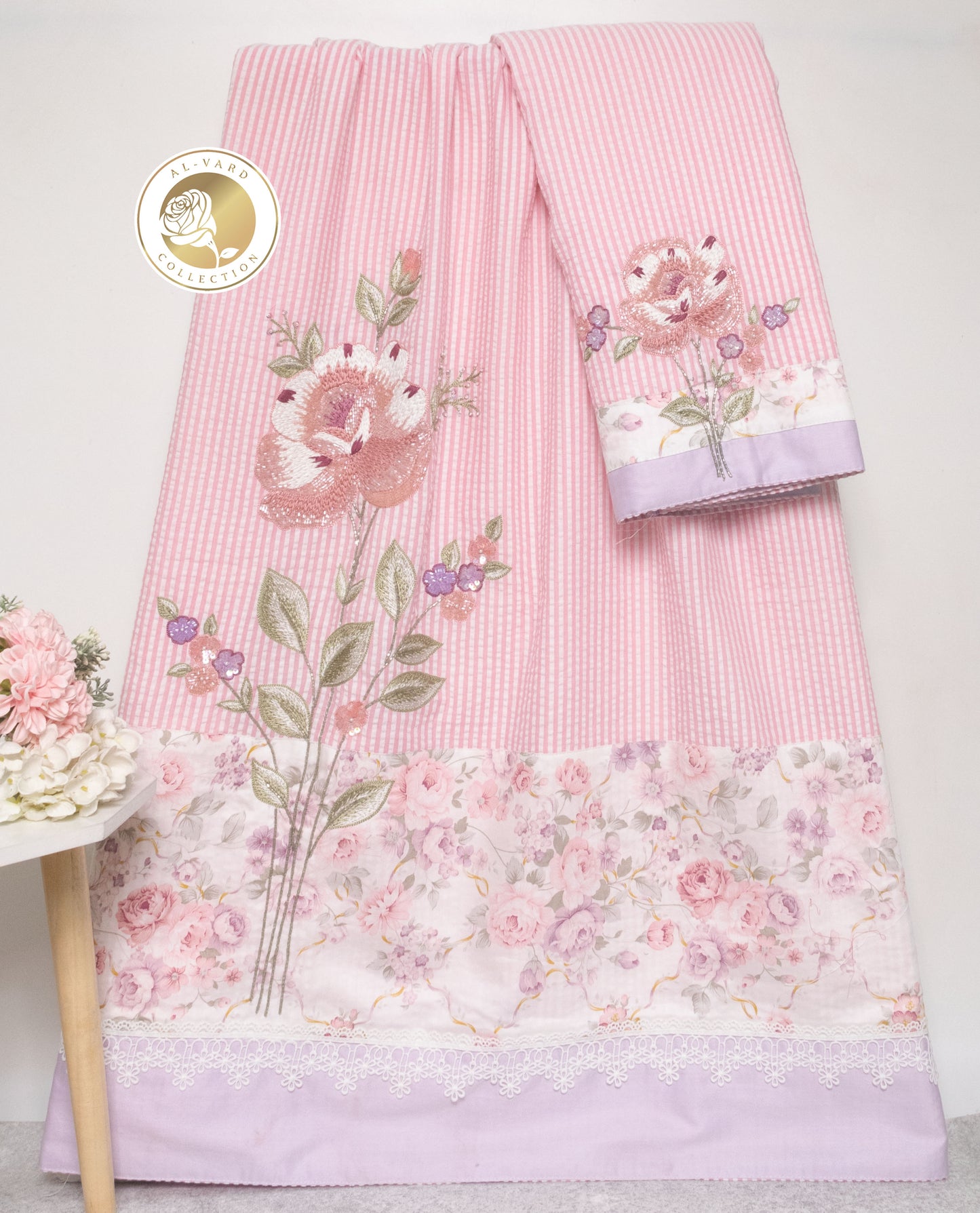 White & Pink Stripes Popcorn Rida With Floral Panel & Floral Aari Work