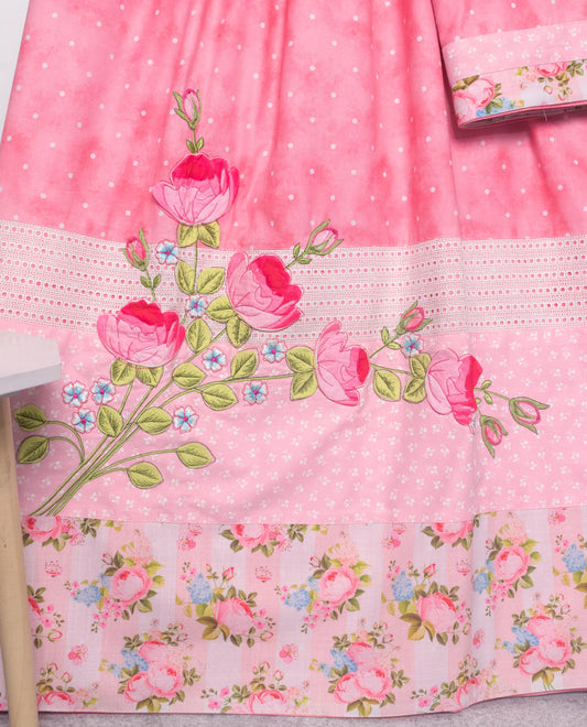 Onion Pink Marble Rida With Smart Floral Panel & Floral Applique Work