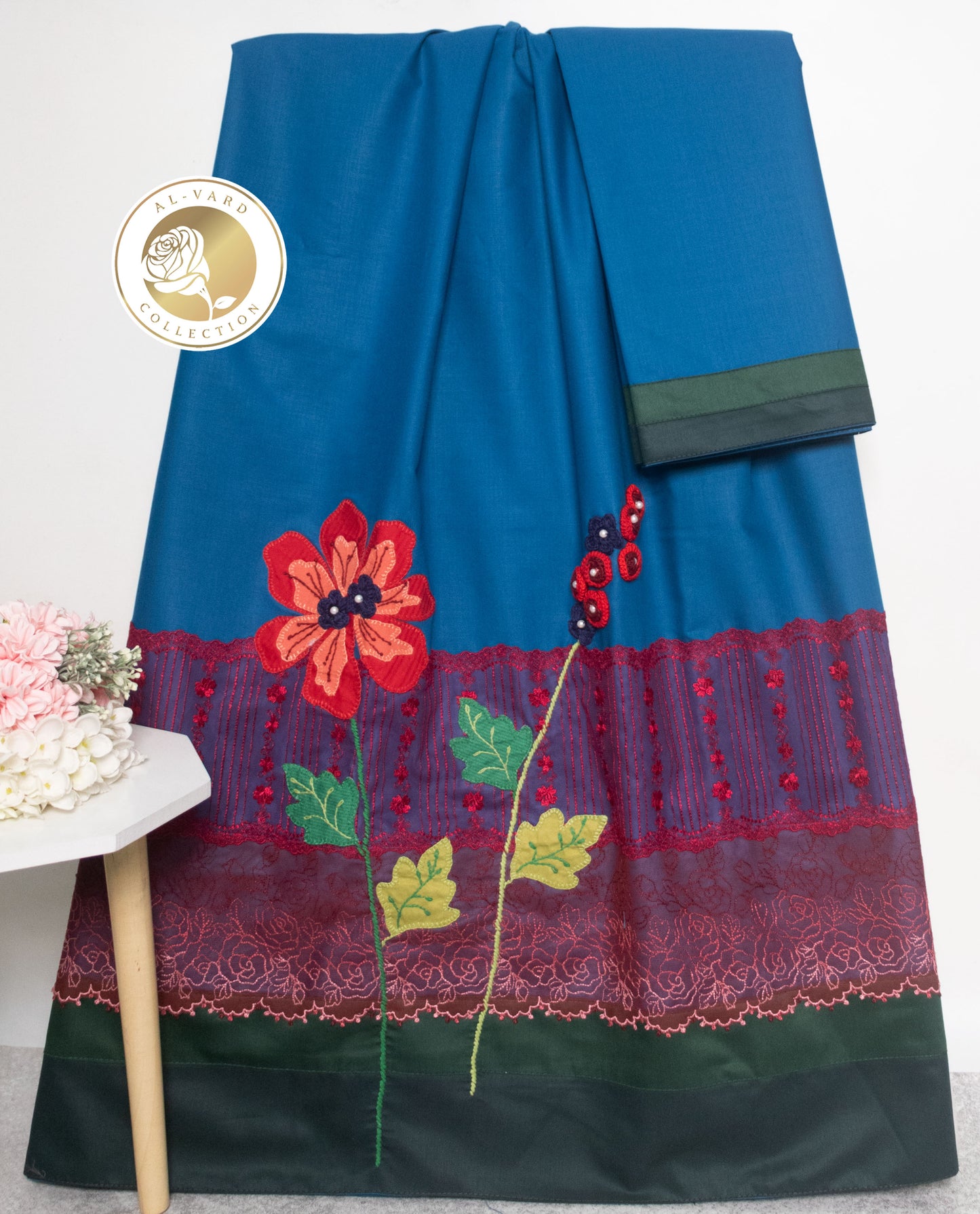 Peacock Blue Rida With Smart Dark Panel Lace & Floral Work